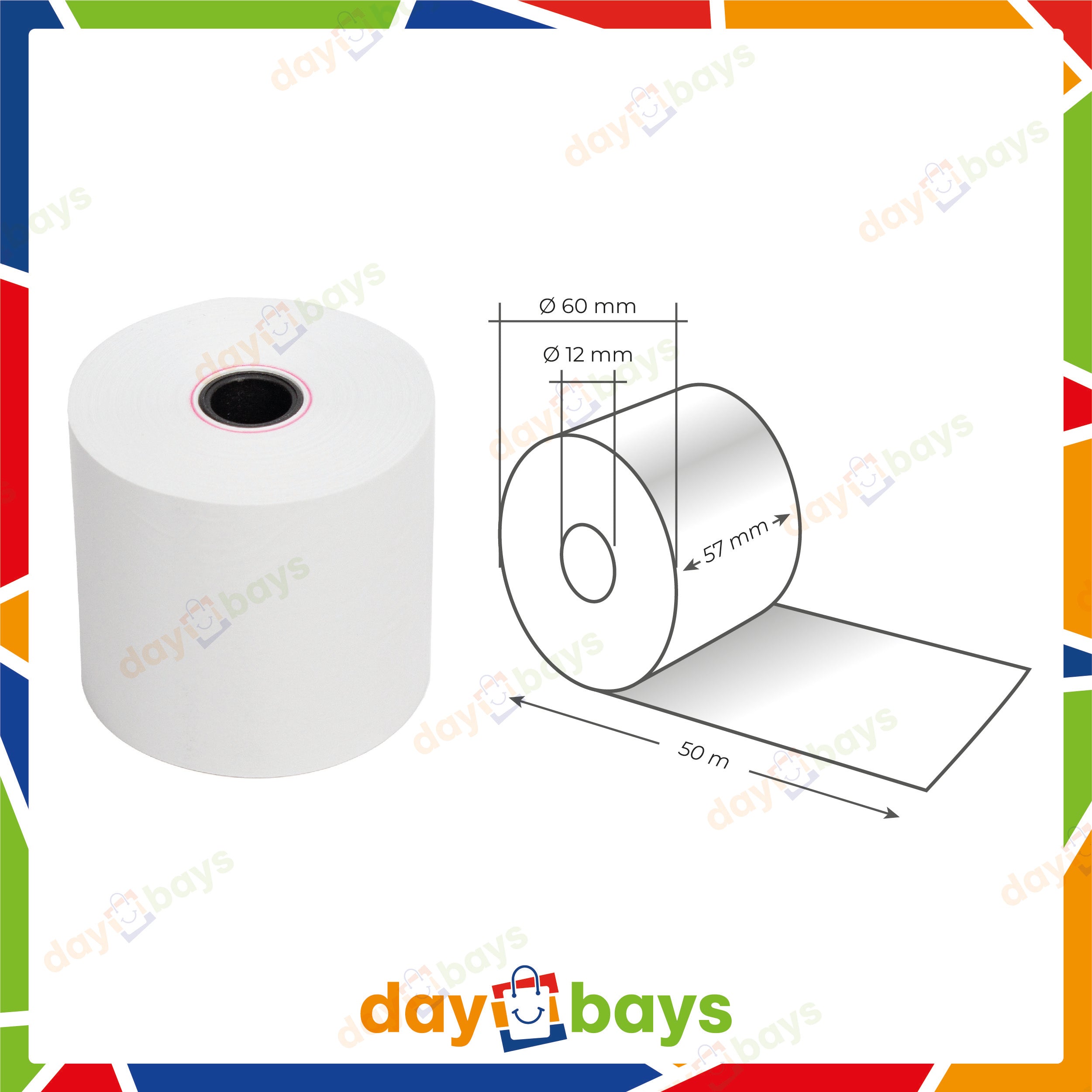 DayBays Thermorolle 57x60x12 mm 50 meter pro Rolle Kassenrollen aus Papier