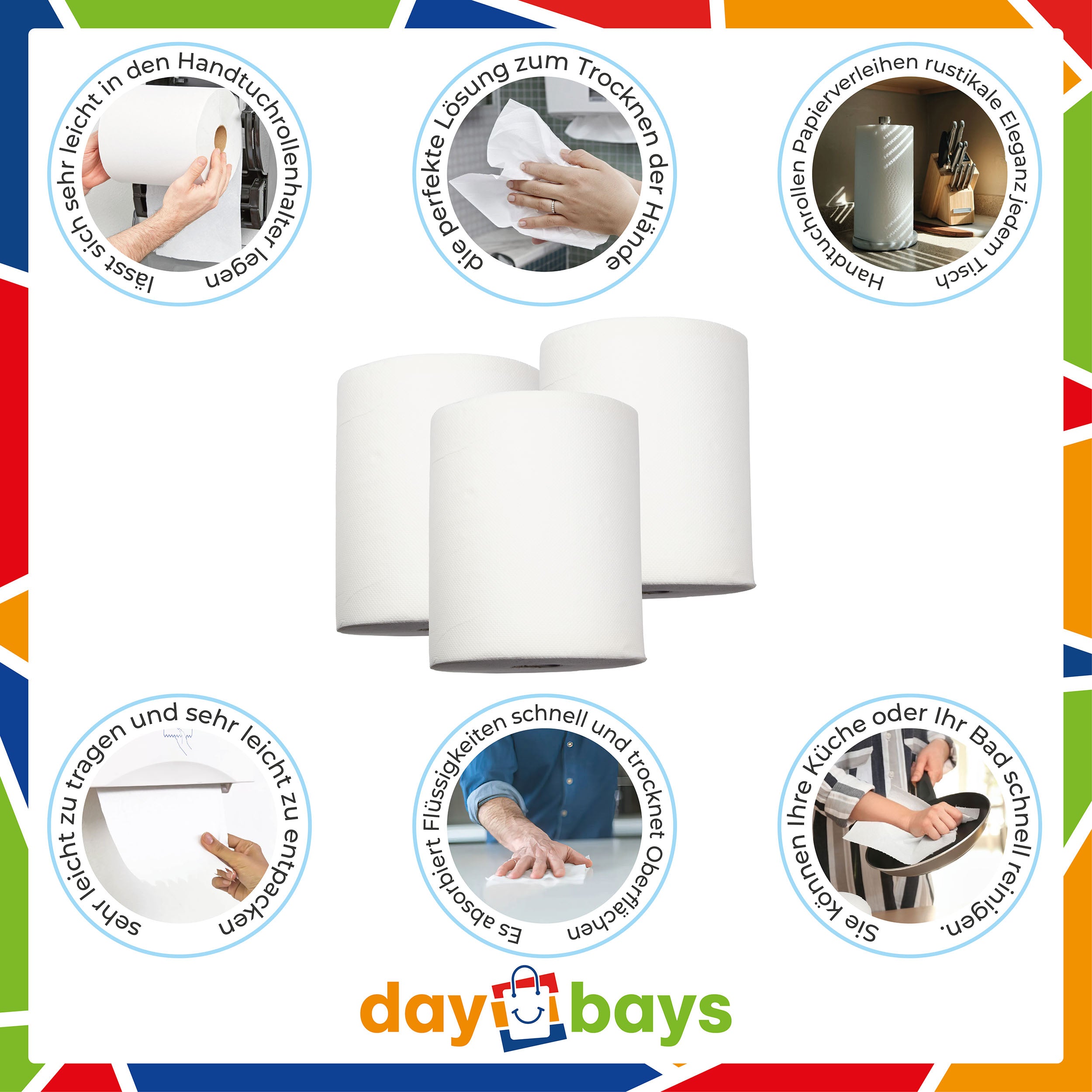 DayBays Handtuchrolle Deluxe 2-lagig 360 Blatt Zellstoff Extra Weich Weiß