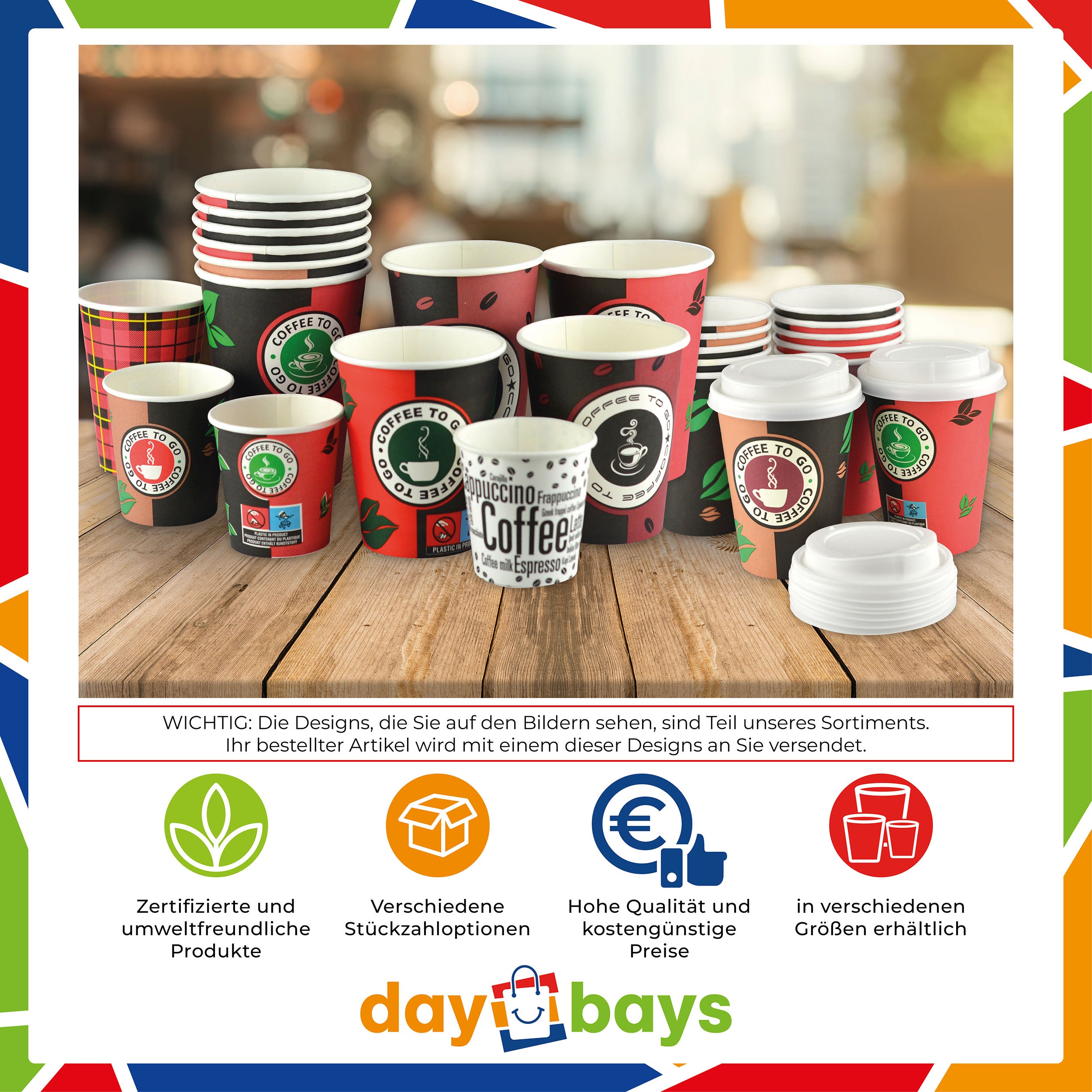 DayBays Kaffeebecher 16oz/400ml Ø9cm " Coffee To Go Becher " Pappe mit PE-beschichtet