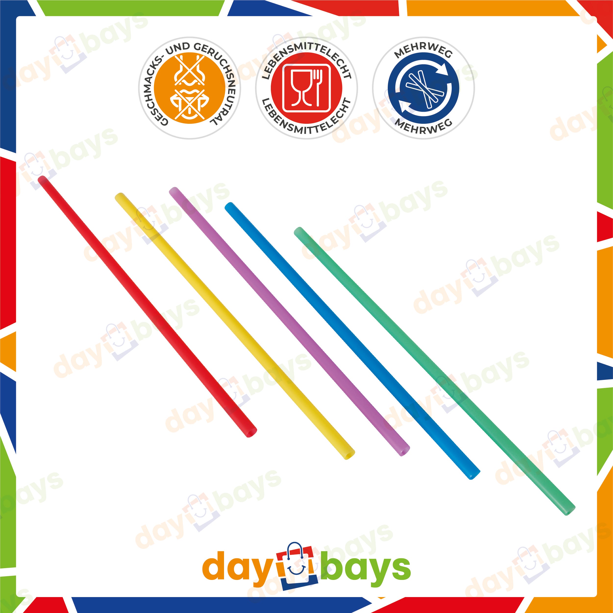DayBays Mehrweg Strohhalme Ø8 mm 240 mm Bunt (Straight) aus PP (100 Stück pro Paket)