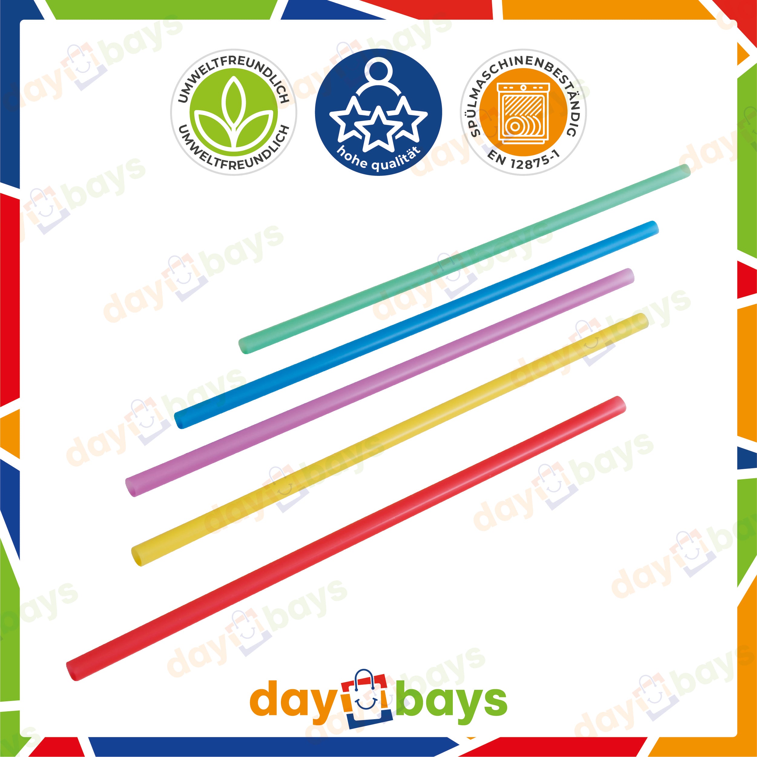 DayBays Mehrweg Strohhalme Ø8 mm 240 mm Bunt (Straight) aus PP (100 Stück pro Paket)