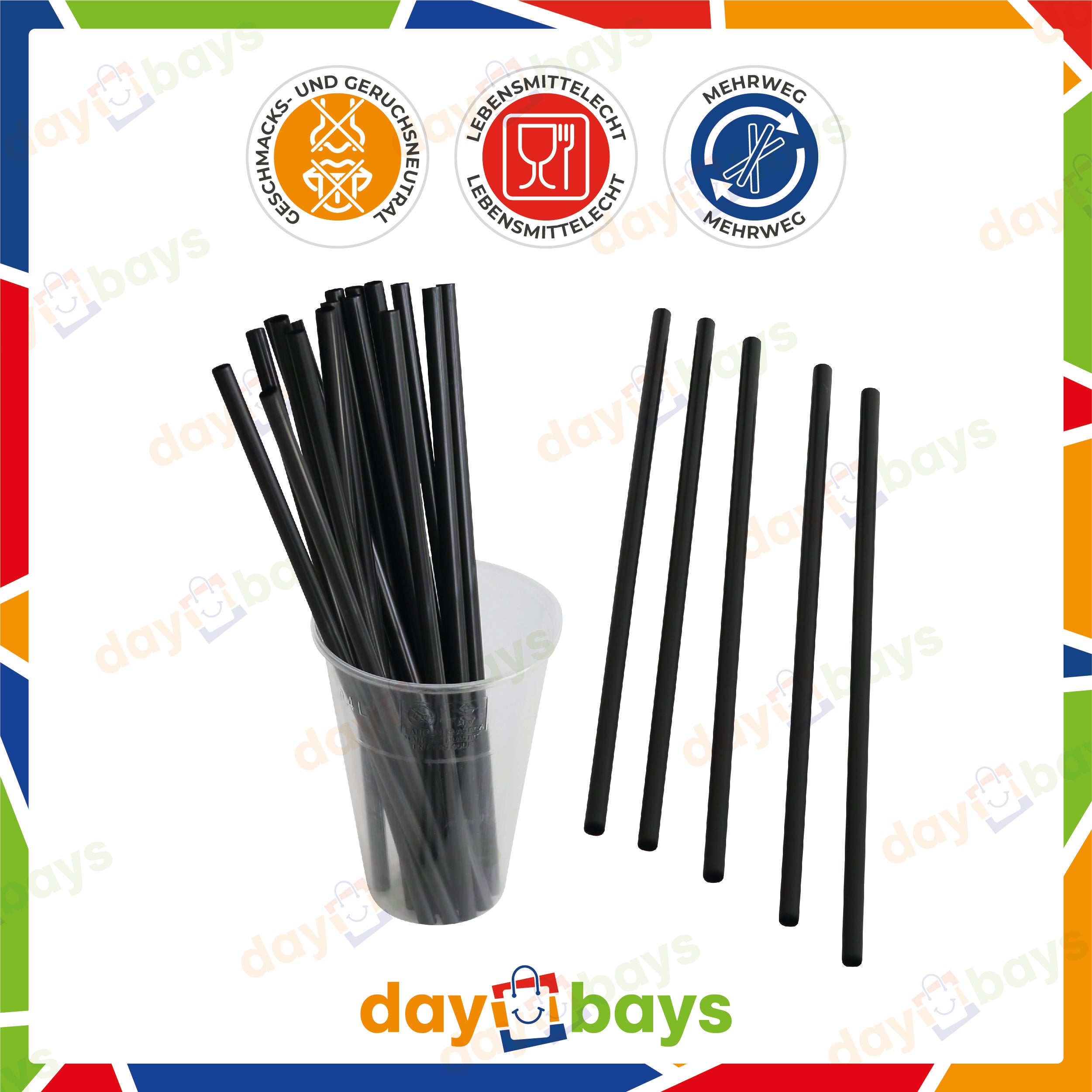 DayBays Strohhalme Ø8 mm 240 mm aus kraftpapier Schwarz Papierstrohhalme