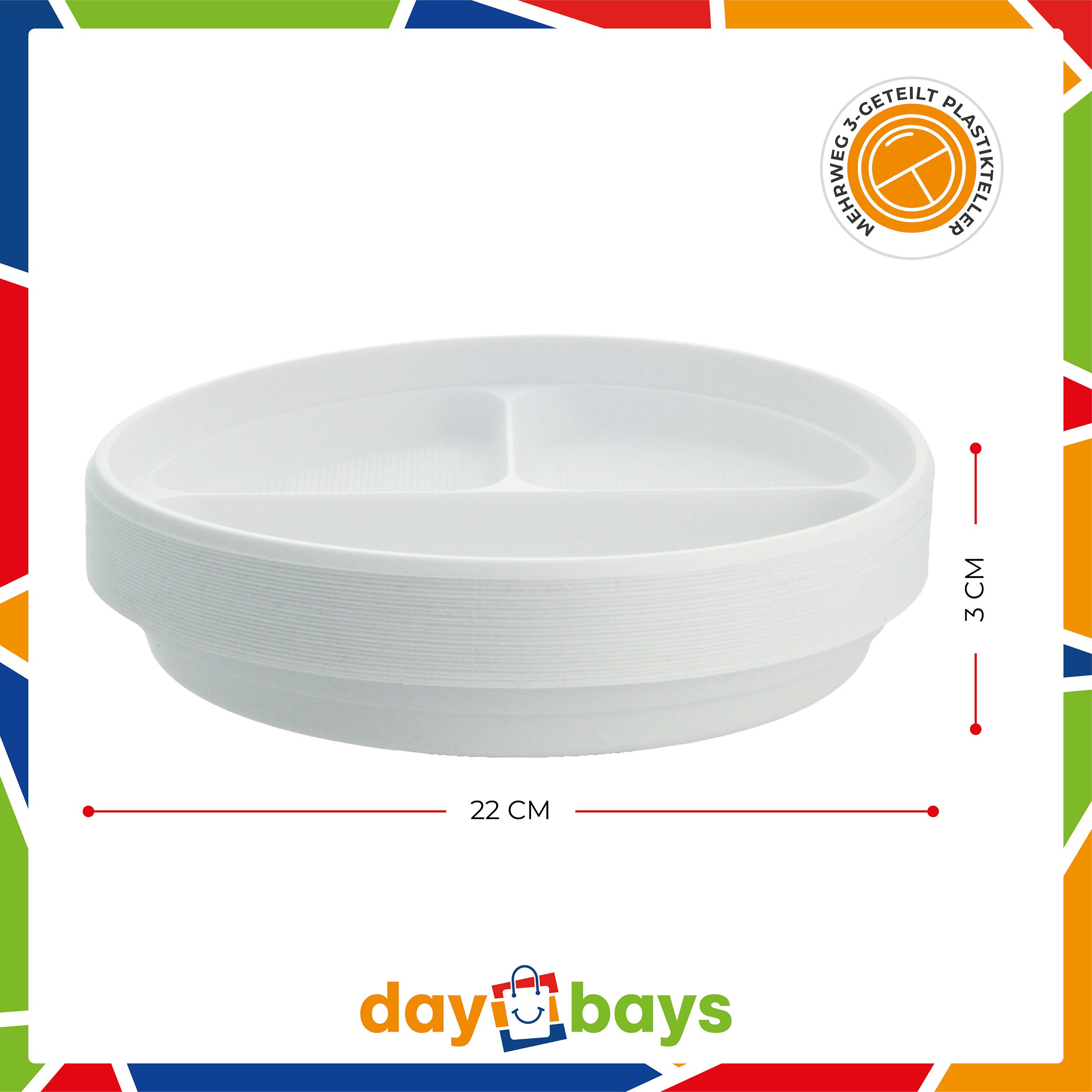DayBays Plastikteller 3-geteilt Menüteller Ø22 cm PP weiß Rund Spülmaschinenbeständig