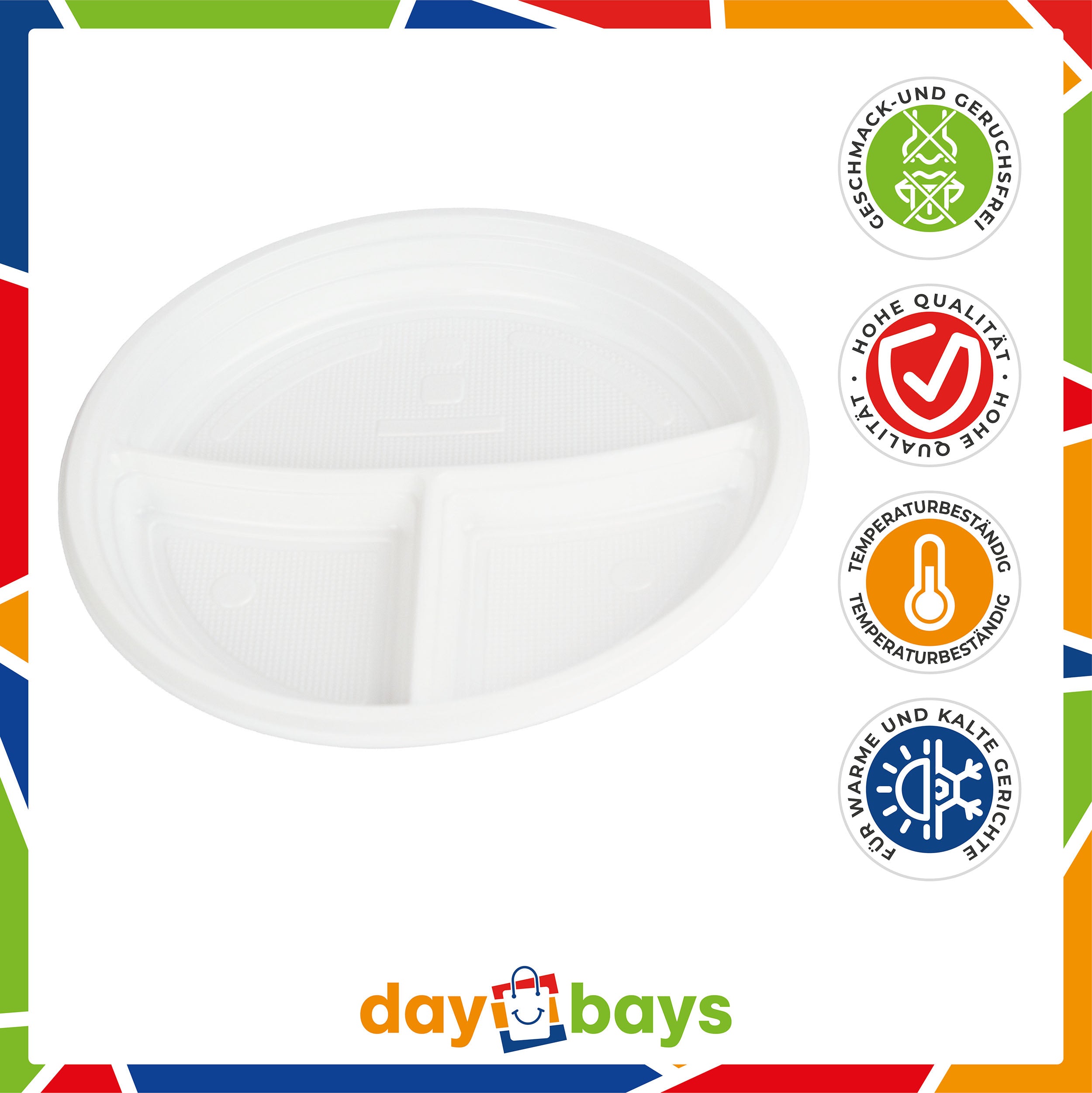 DayBays Plastikteller 3-geteilt Menüteller Ø22 cm PP weiß Rund Spülmaschinenbeständig