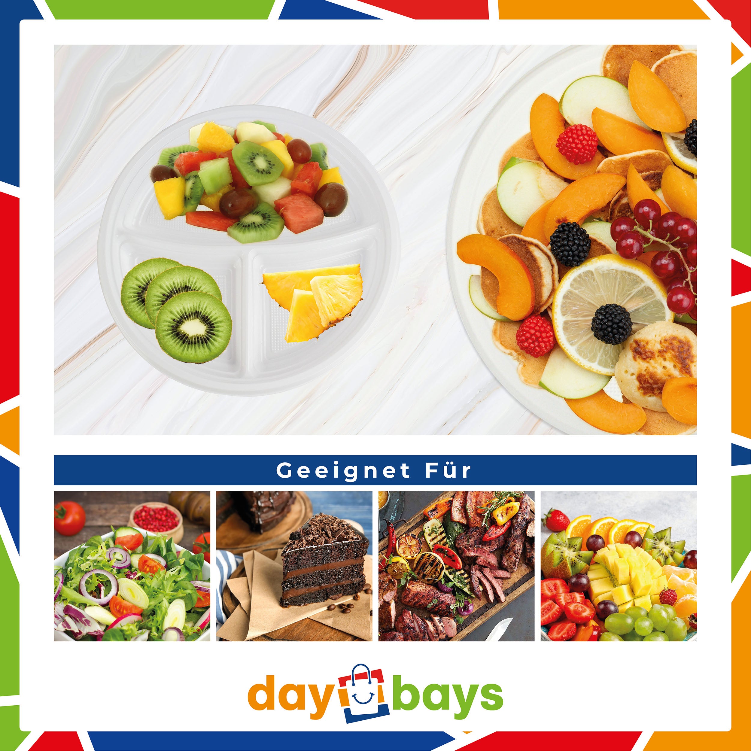 DayBays Plastikteller 3-geteilt Menüteller Ø22 cm PP weiß Rund Spülmaschinenbeständig