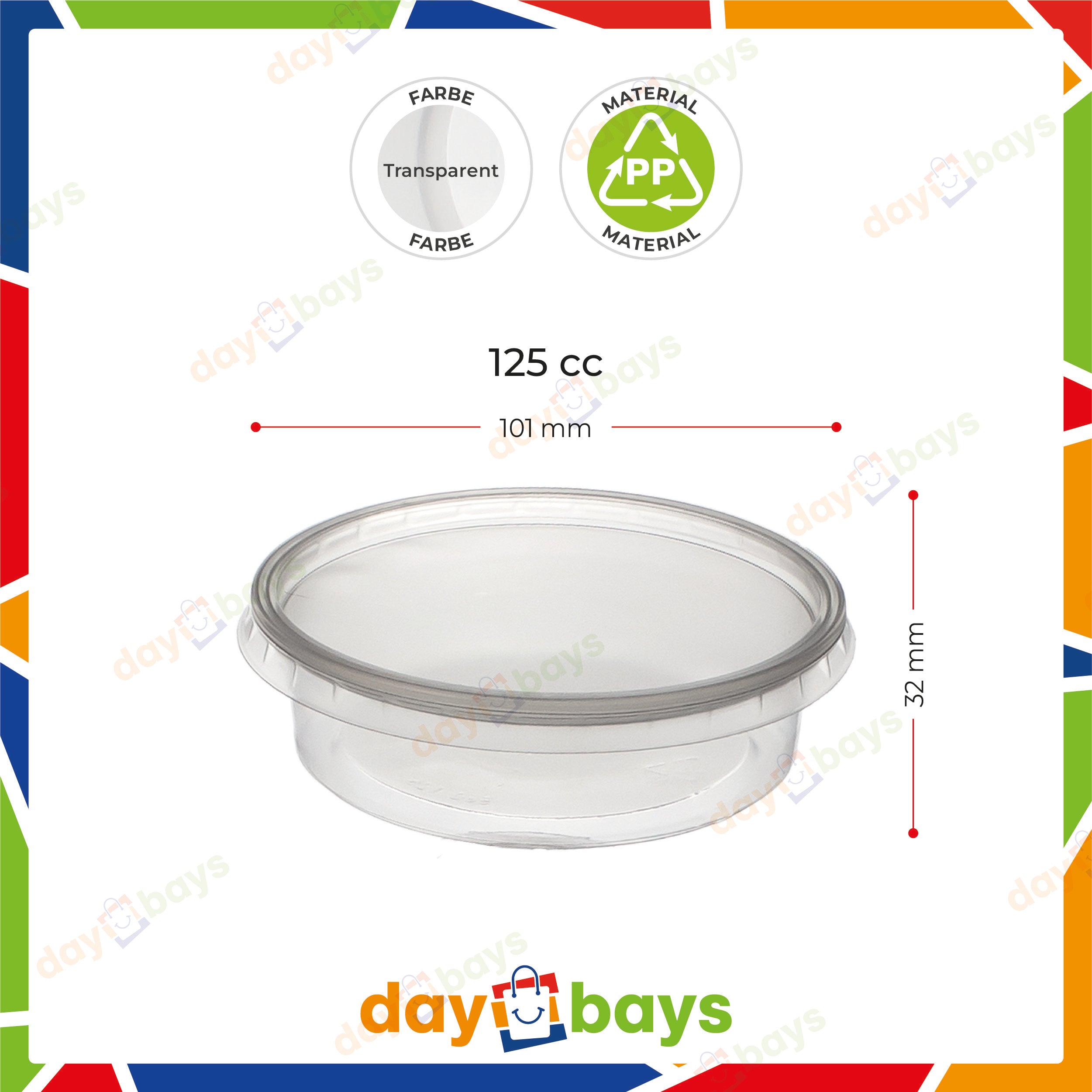 DayBays Feinkostbecher PP 125 cc. 101x32 mm rund Kombi-Verpackung inklusive passende Deckel