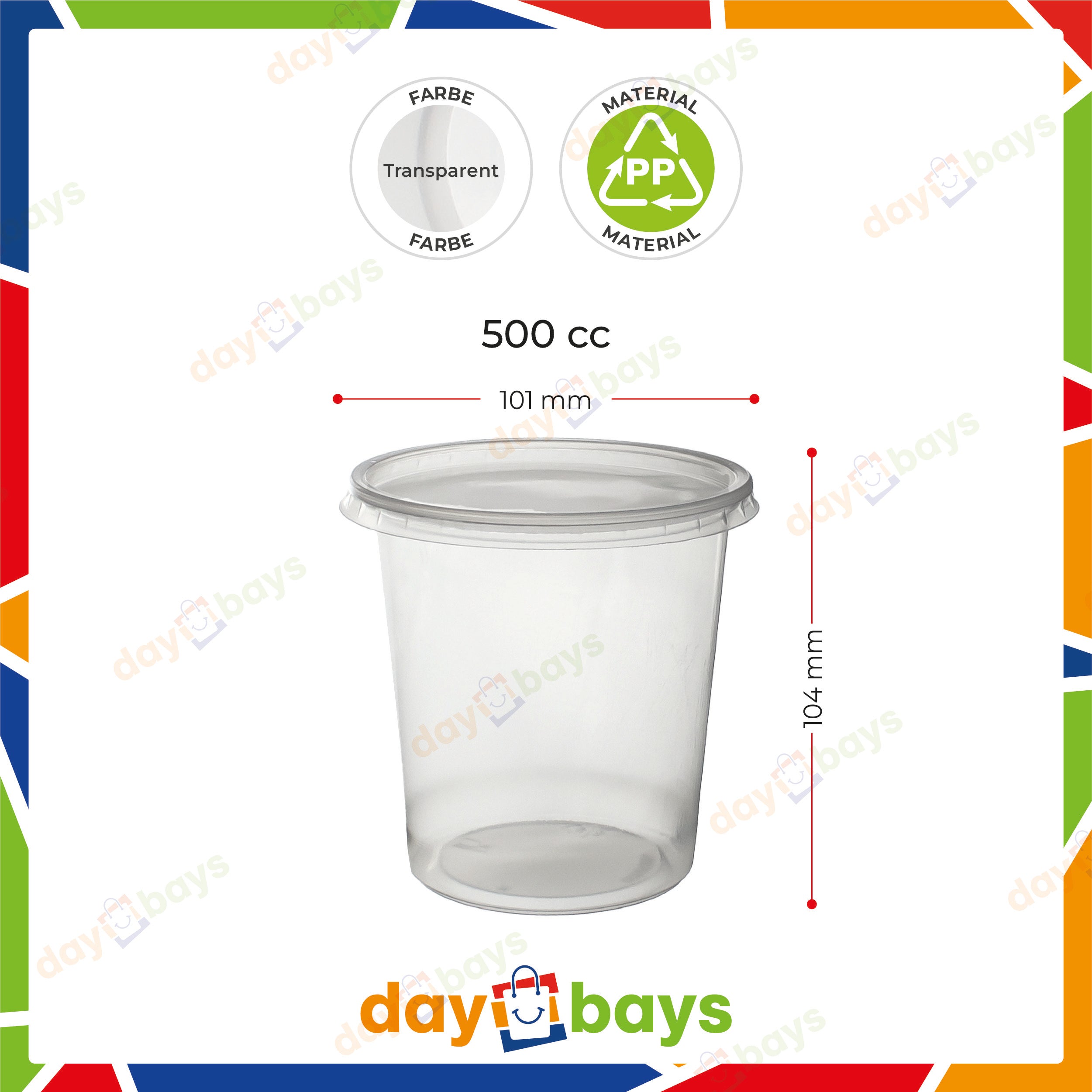 DayBays Feinkostbecher PP 500 cc. 101x104 mm rund Kombi-Verpackung inklusive passende Deckel
