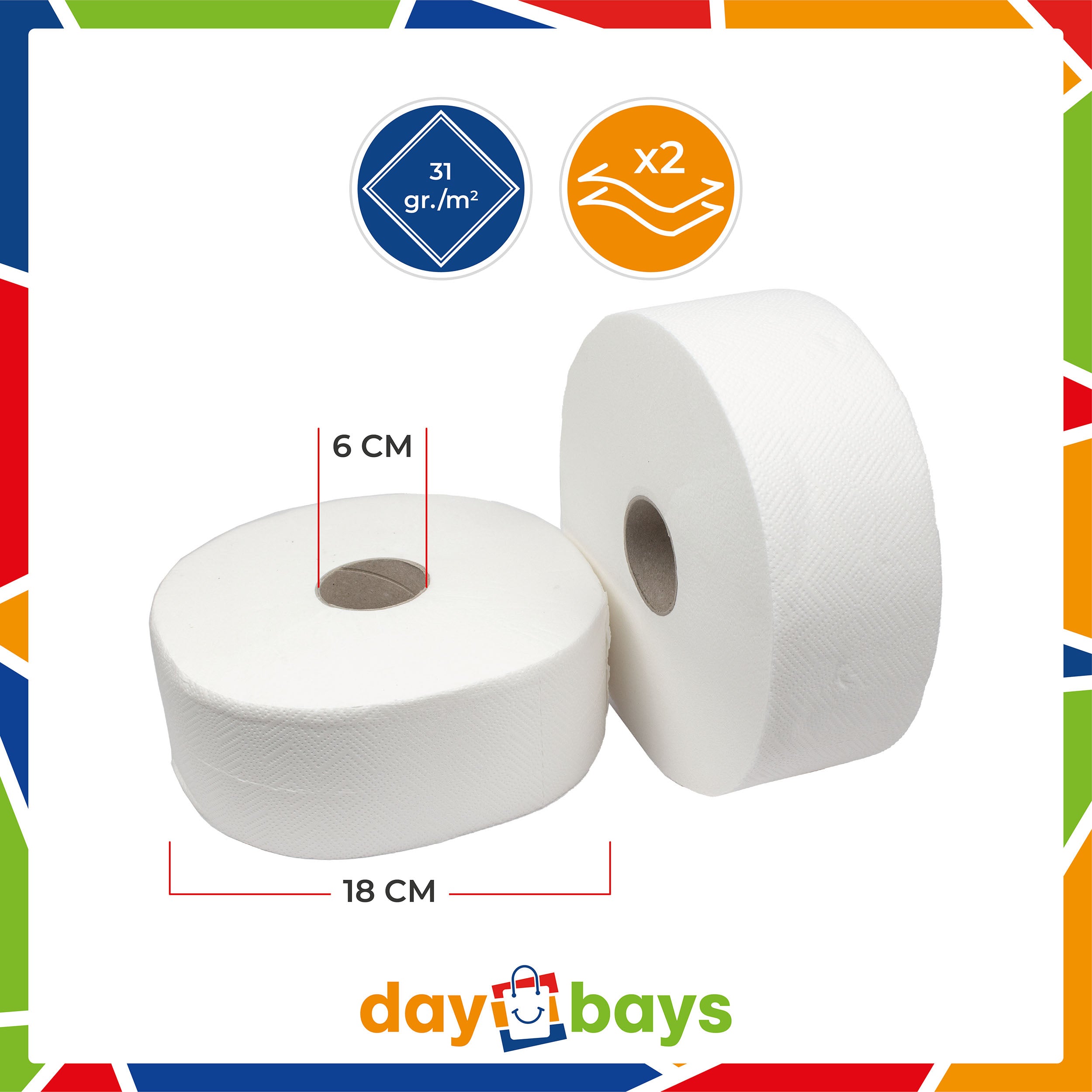 DayBays Jumbo Toilettenpapier Maxi 2-lagig 492 Blatt Zellstoff Extra Weich Weiß