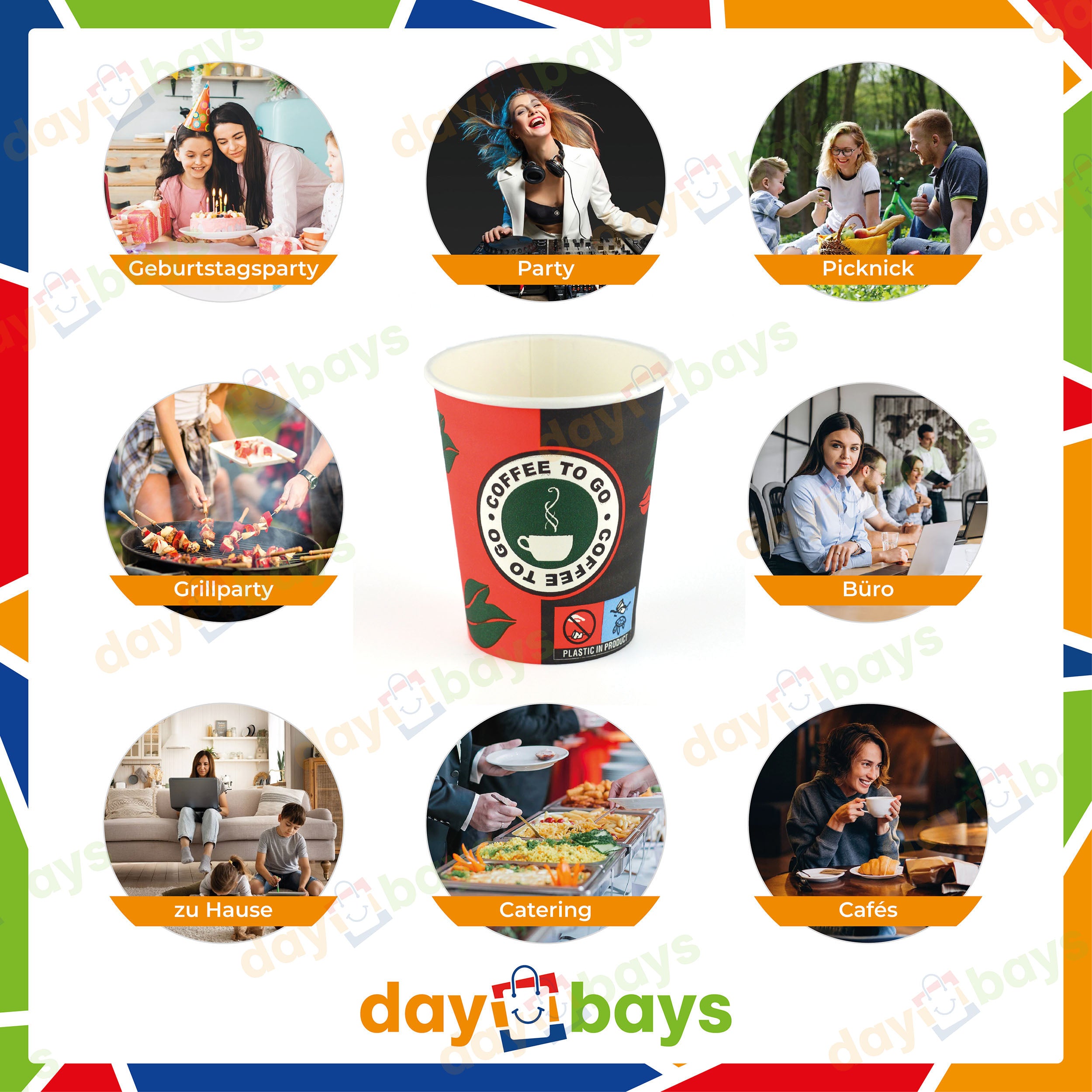 DayBays Kaffeebecher 8oz/200ml Ø8cm " Coffee To Go Becher " Pappe mit PE-beschichtet