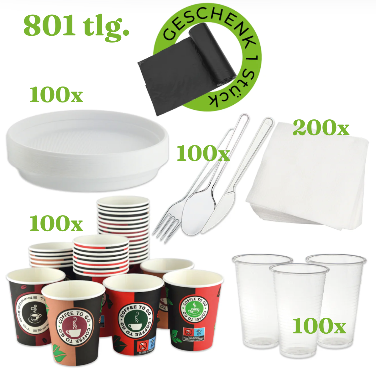 Picknick Geschirr Set, Party Geschirr Set 801 tlg. Pappbecher Plastik Becher Besteck Ungeteilt Teller Servietten Müllsäcke