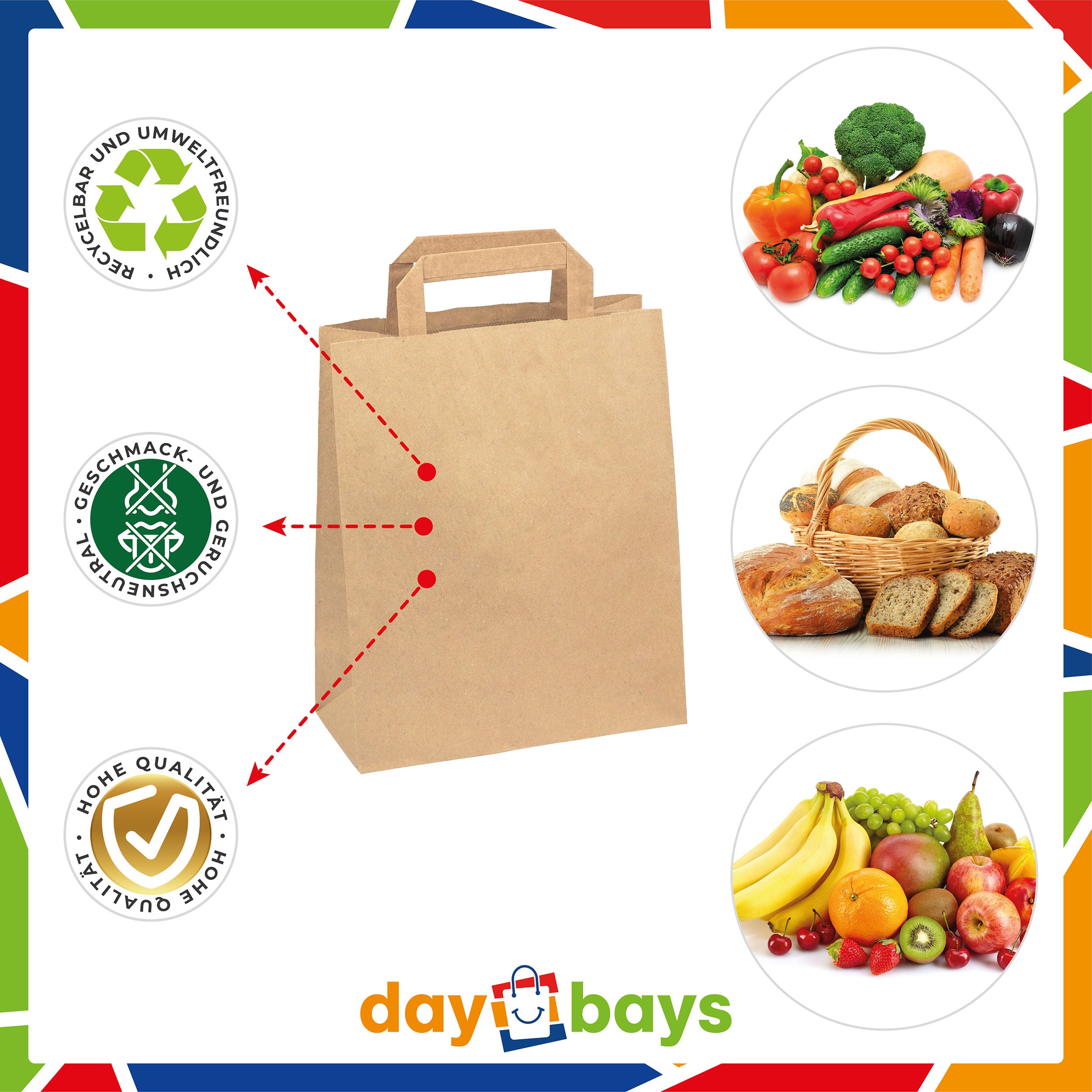 DayBays Papiertüten 18+8x22 cm Braun mit Flachhenkel
