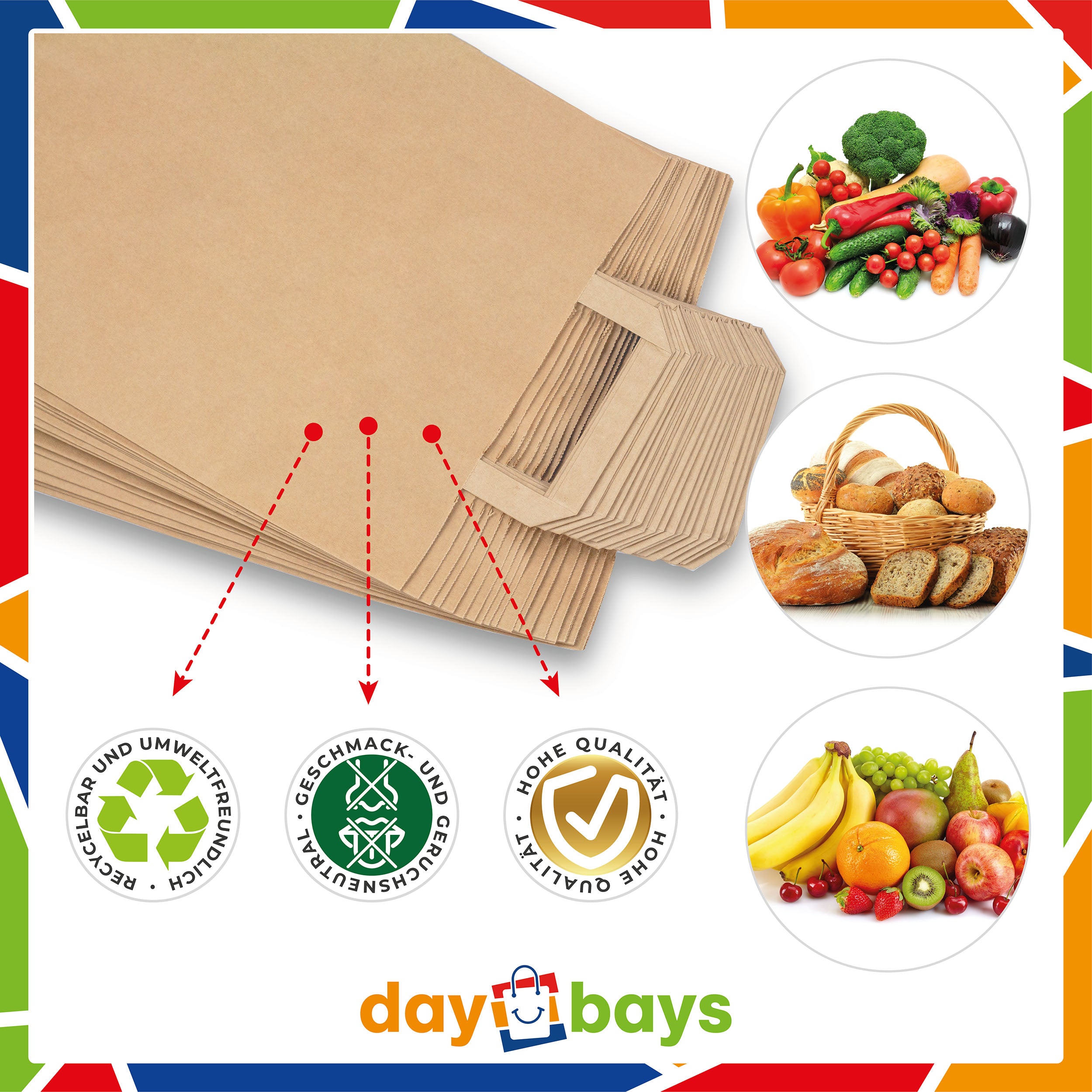 DayBays Papiertüten 22+10x28 cm Braun mit Flachhenkel