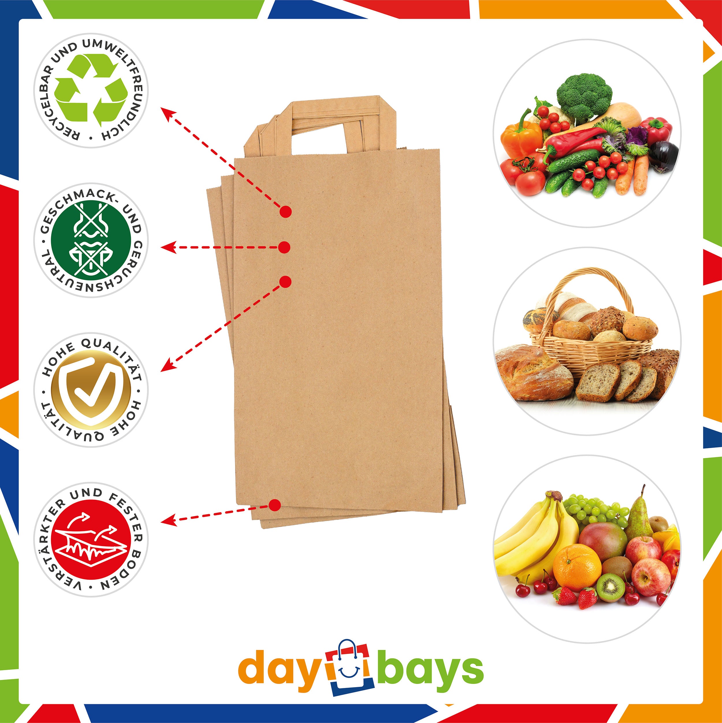 DayBays Papiertüten 22+10x36 cm Braun mit Flachhenkel