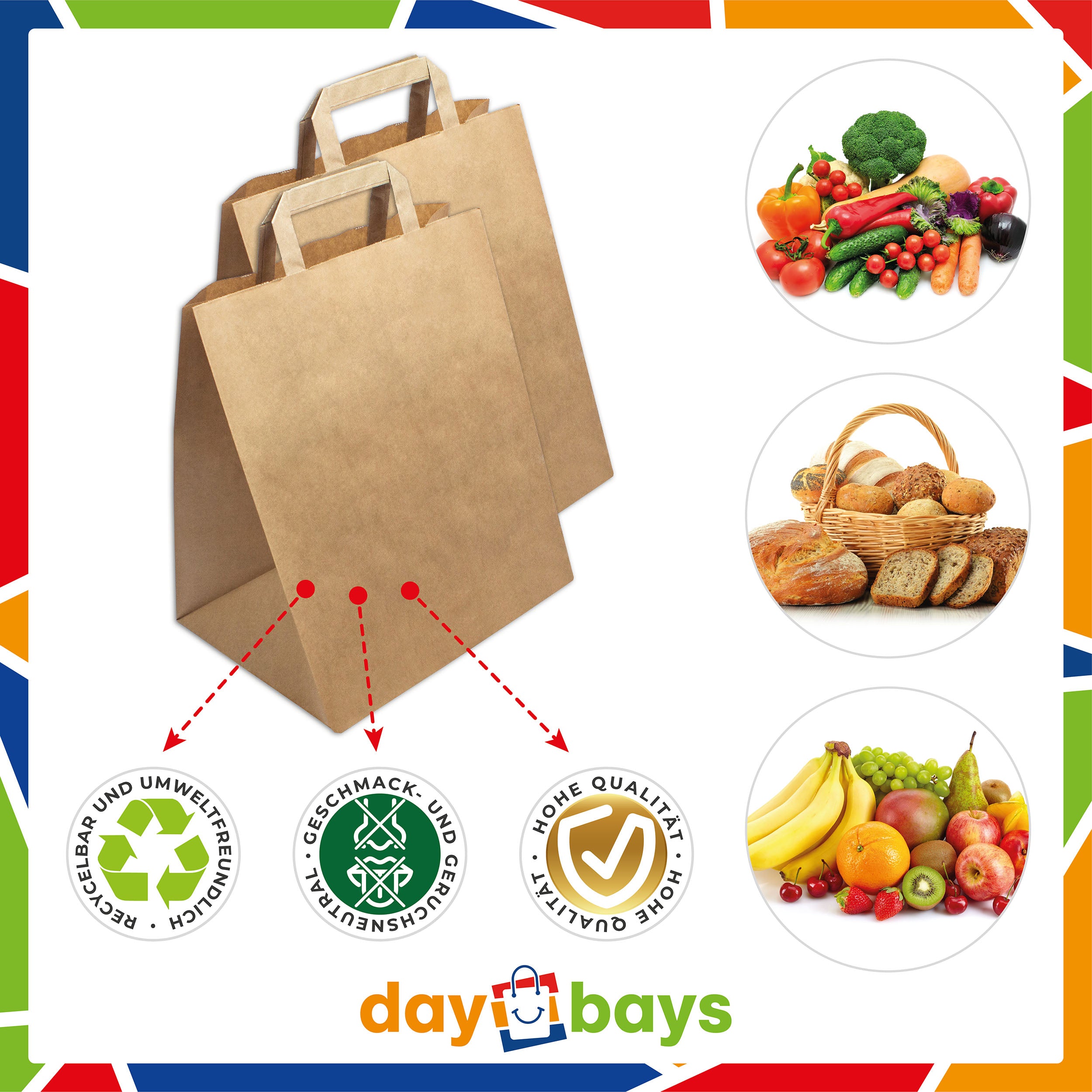 DayBays Papiertüten 26+20x28 cm Braun mit Flachhenkel