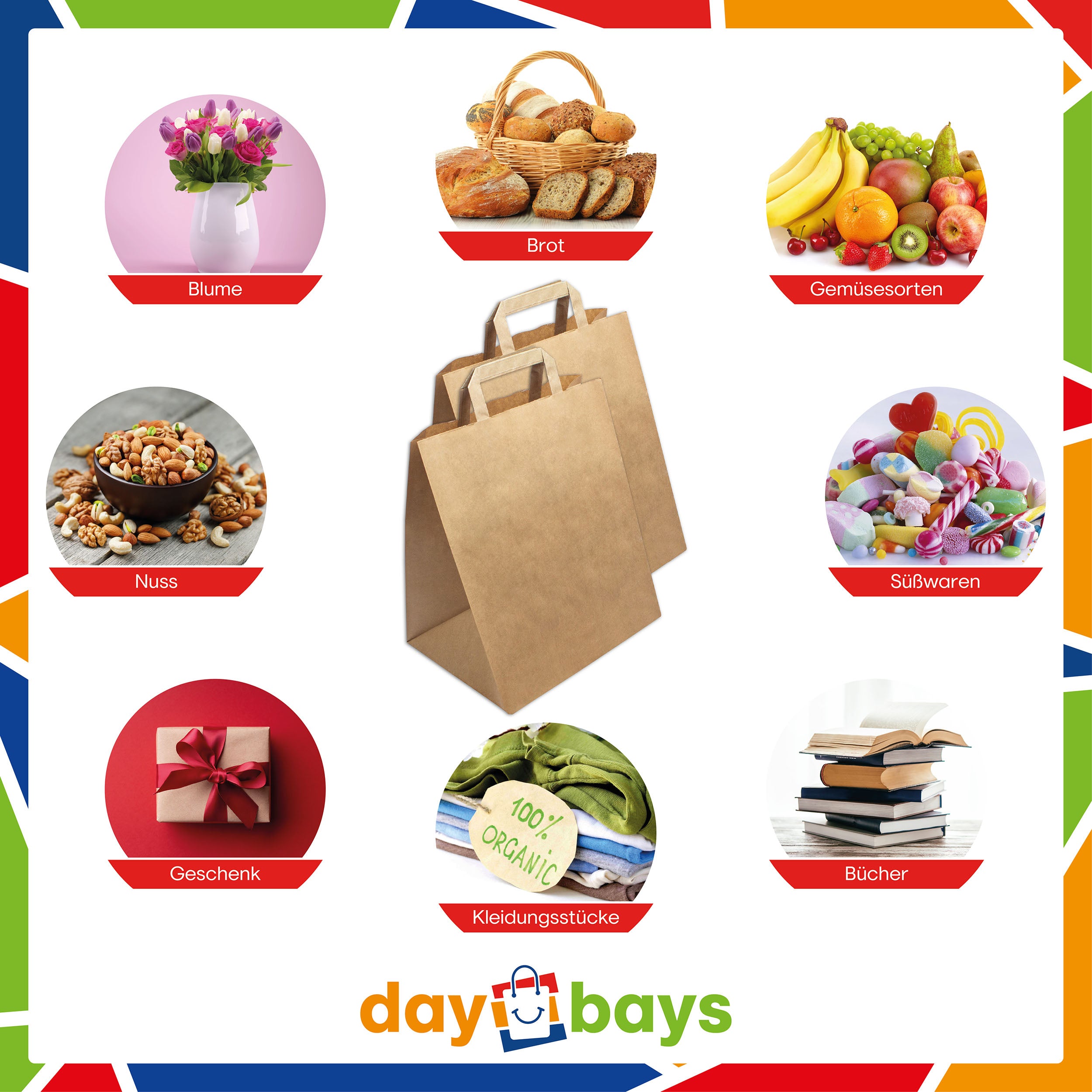 DayBays Papiertüten 26+20x28 cm Braun mit Flachhenkel