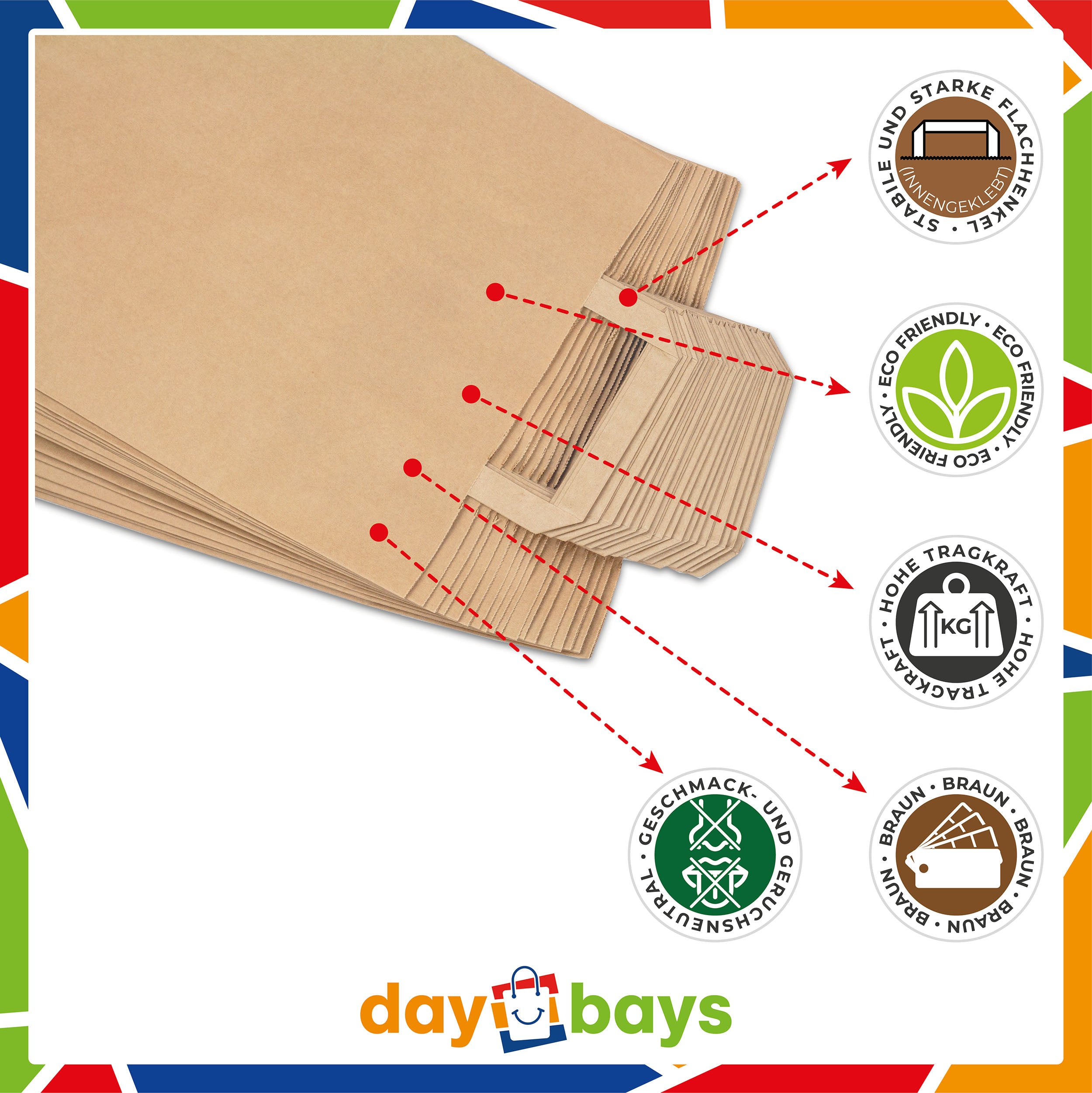 DayBays Papiertüten 32+12x41 cm Braun mit Flachhenkel