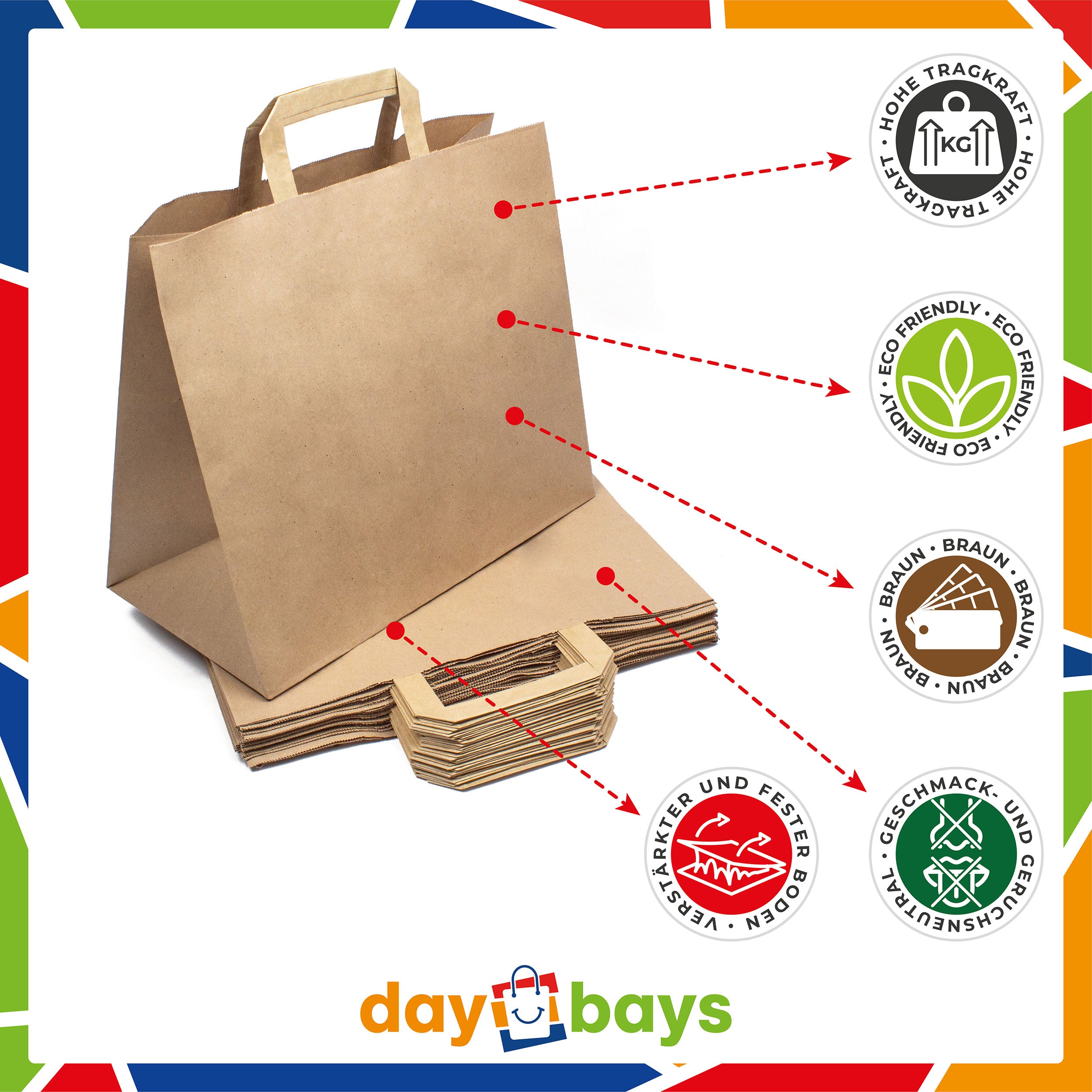 DayBays Papiertüten 32+17x27 cm Braun mit Flachhenkel