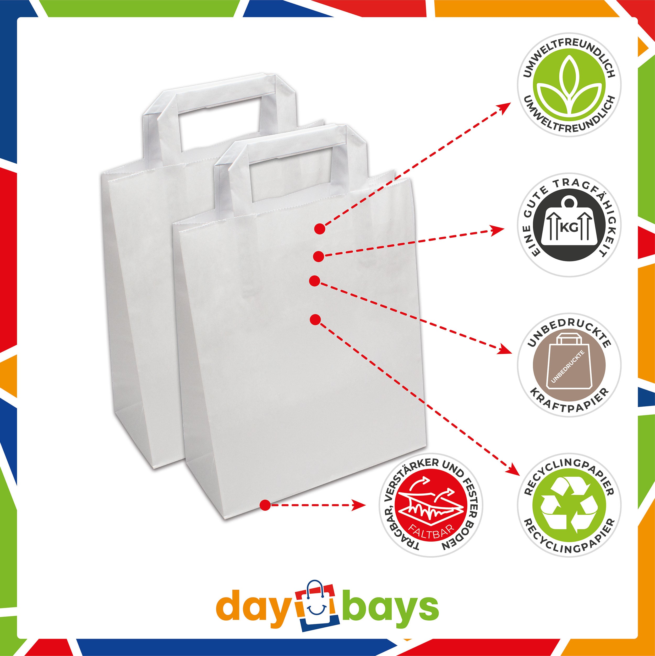 DayBays Papiertüten 22+10x28 cm weiß mit Flachhenkel