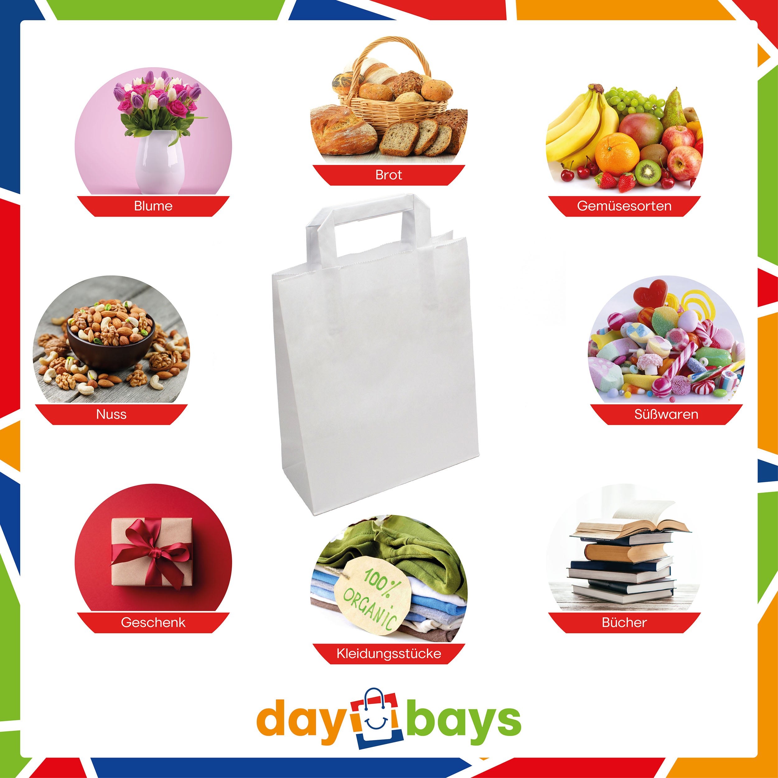 DayBays Papiertüten 22+10x28 cm weiß mit Flachhenkel
