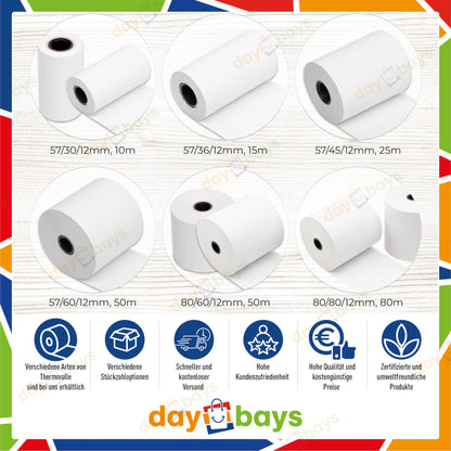 DayBays Thermorolle 80x80x12 mm 80 meter pro Rolle Kassenrollen aus Papier