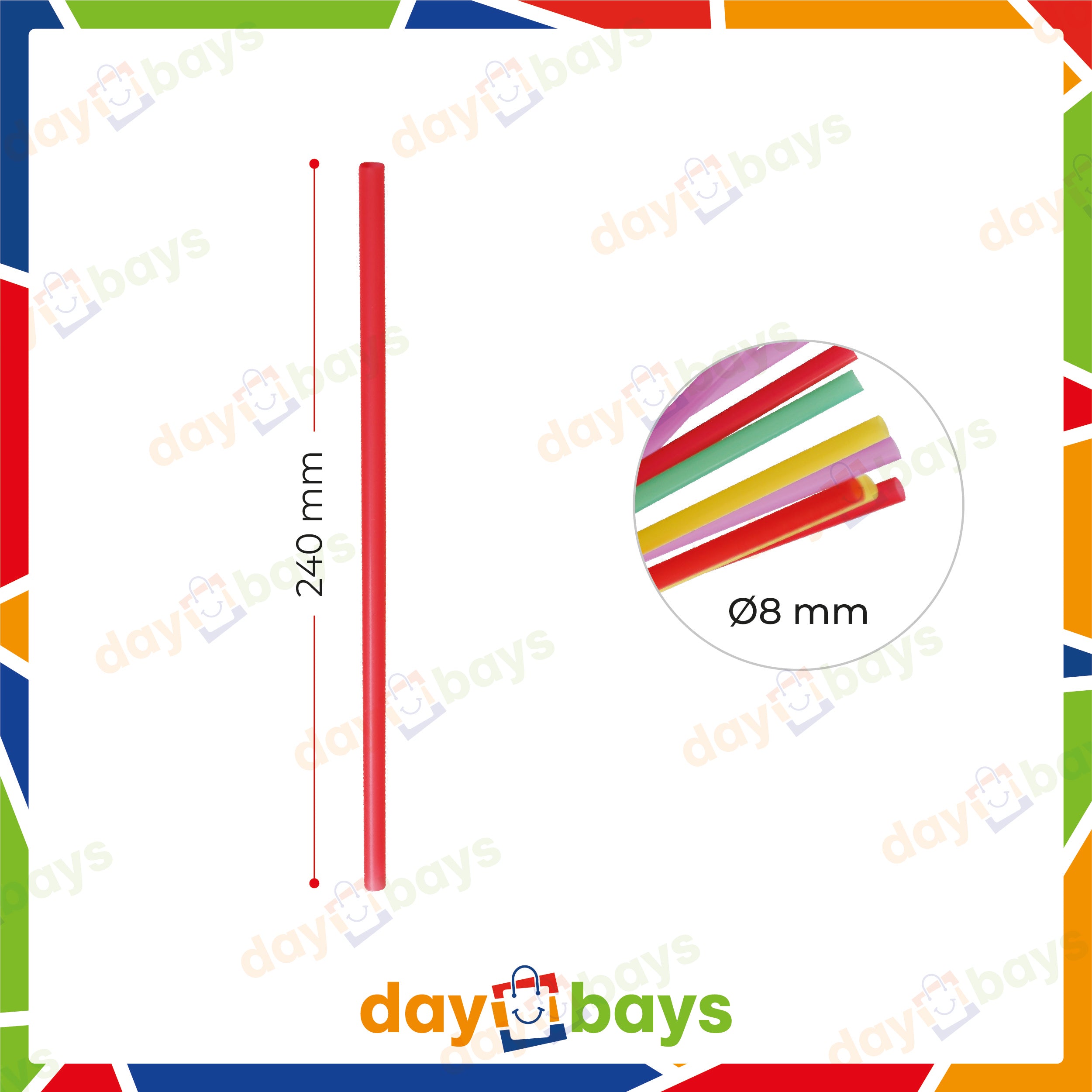 DayBays Mehrweg Strohhalme Ø8 mm 240 mm Bunt (Straight) aus PP (100 Stück pro Paket)