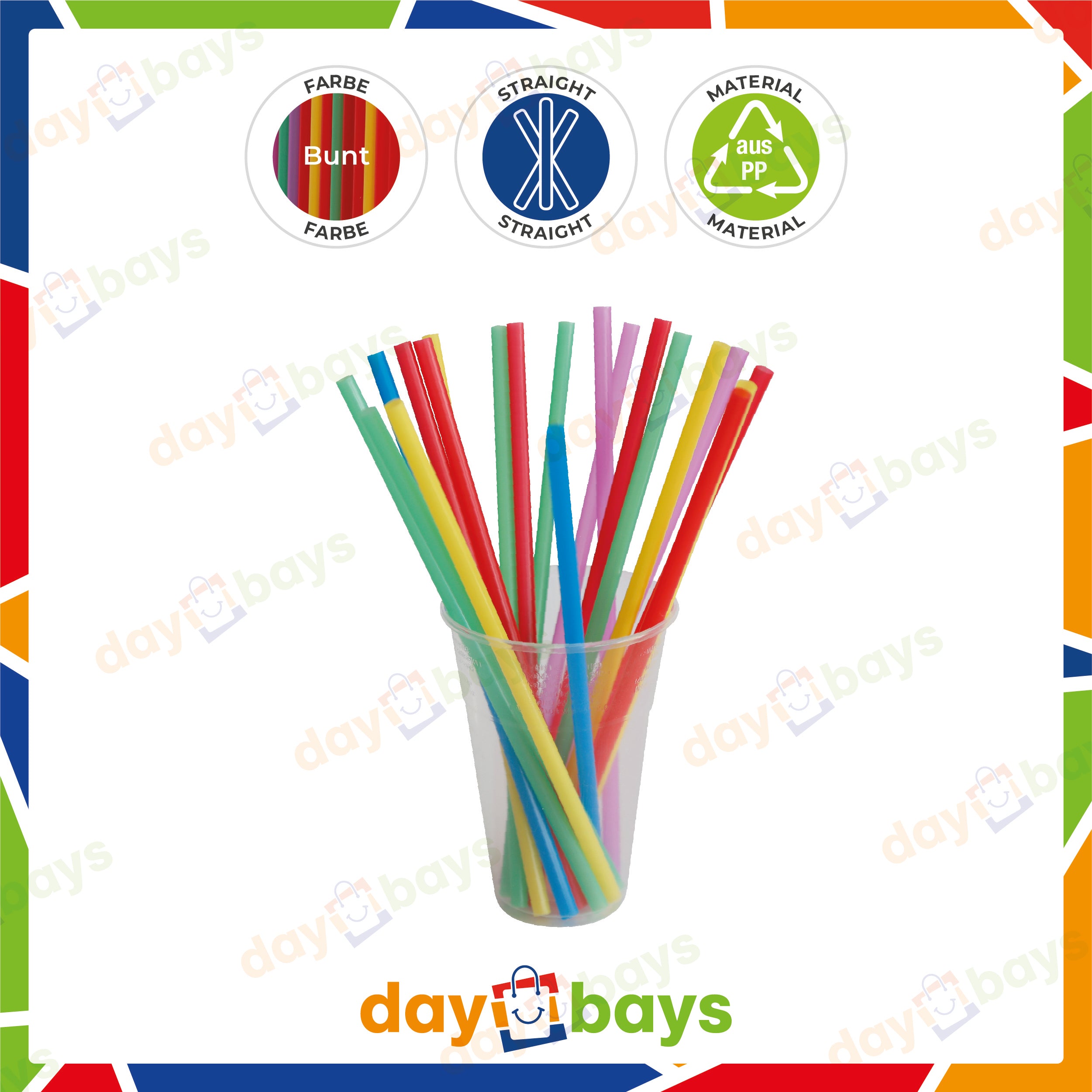 DayBays Mehrweg Strohhalme Ø8 mm 240 mm Bunt (Straight) aus PP (100 Stück pro Paket)