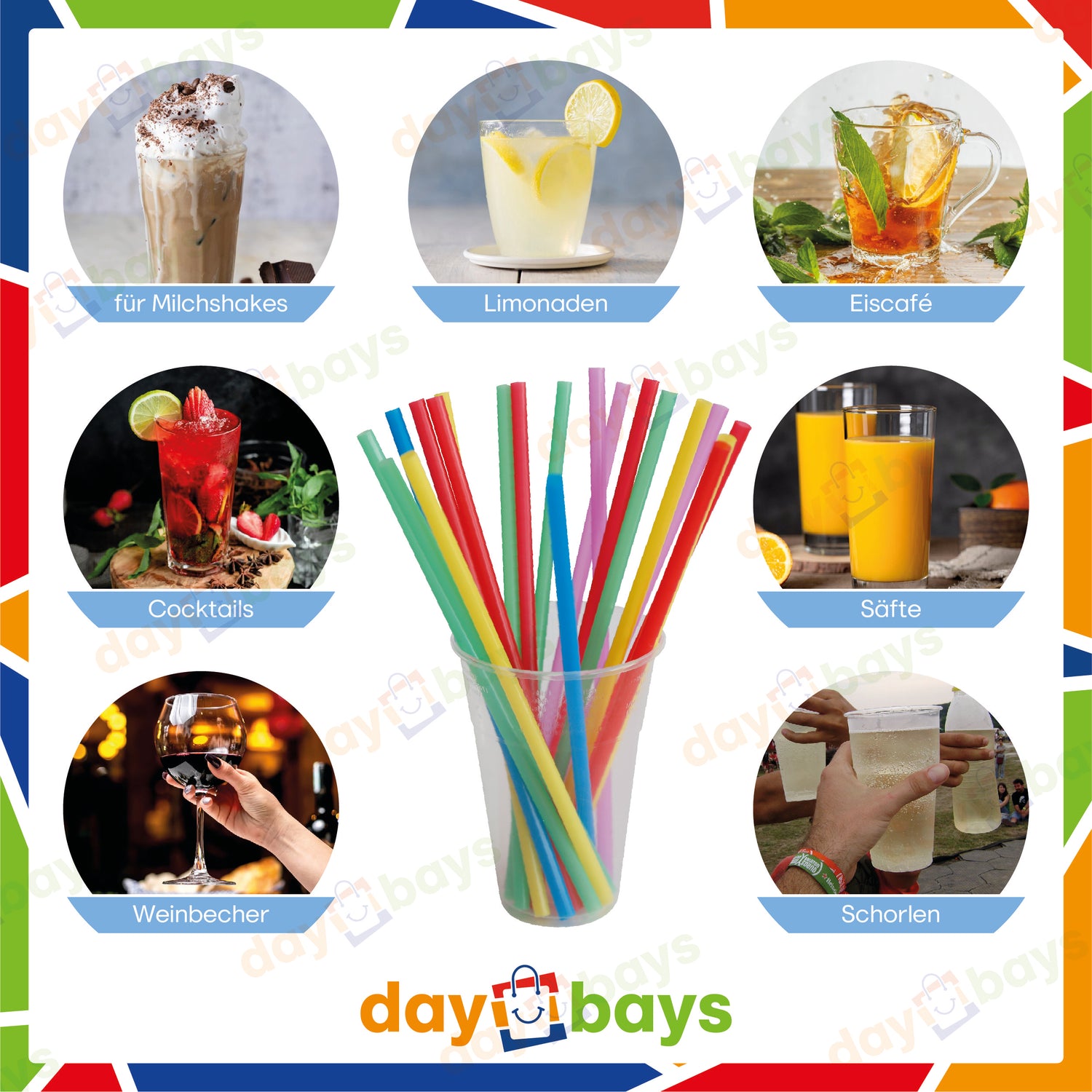 DayBays Mehrweg Strohhalme Ø8 mm 240 mm Bunt (Straight) aus PP (100 Stück pro Paket)