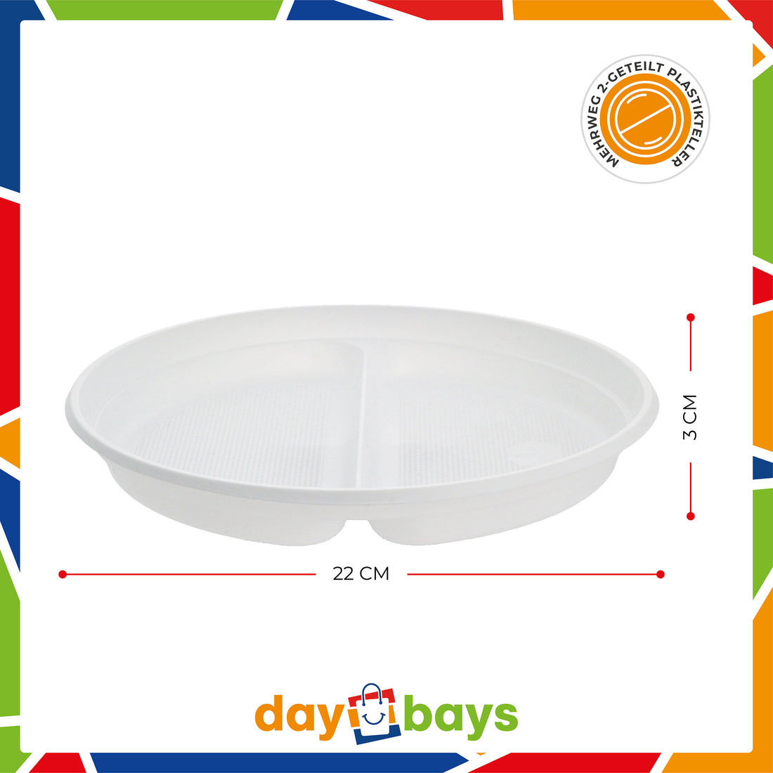 DayBays Plastikteller 2-geteilt Menüteller Ø22 cm PP weiß Rund Spülmaschinenbeständig
