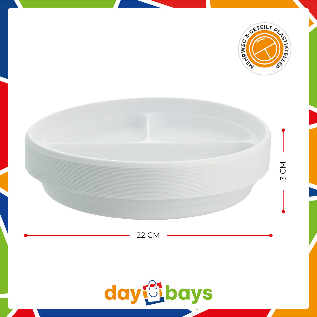 DayBays Einweggeschirr Set 1500 Stück (500 Stk. Plastikteller 3-geteilt + 500 Stk. Plastikgabel + 500 Stk. Plastikmesser)