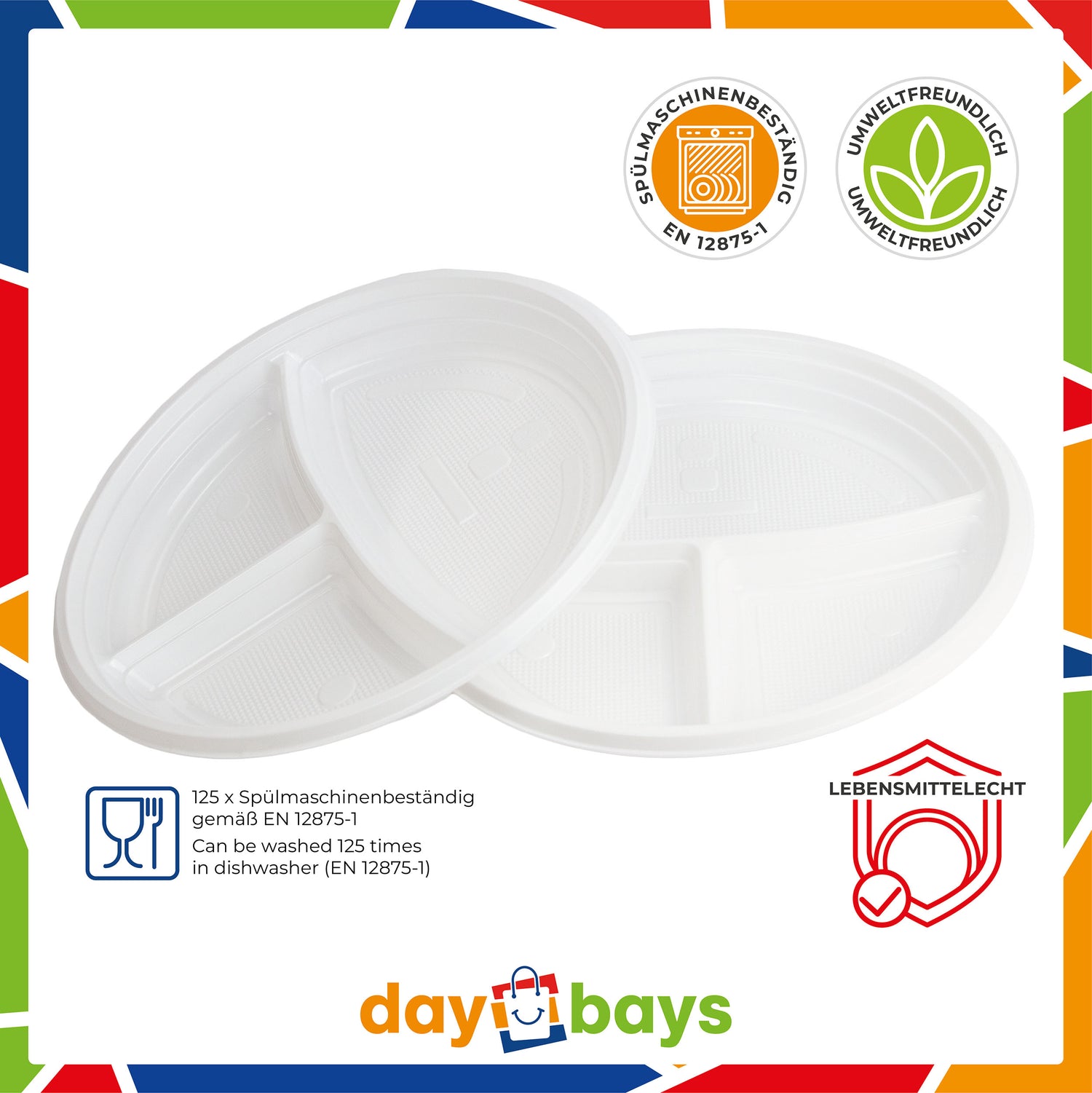 DayBays Plastikteller 3-geteilt Menüteller Ø22 cm PP weiß Rund Spülmaschinenbeständig