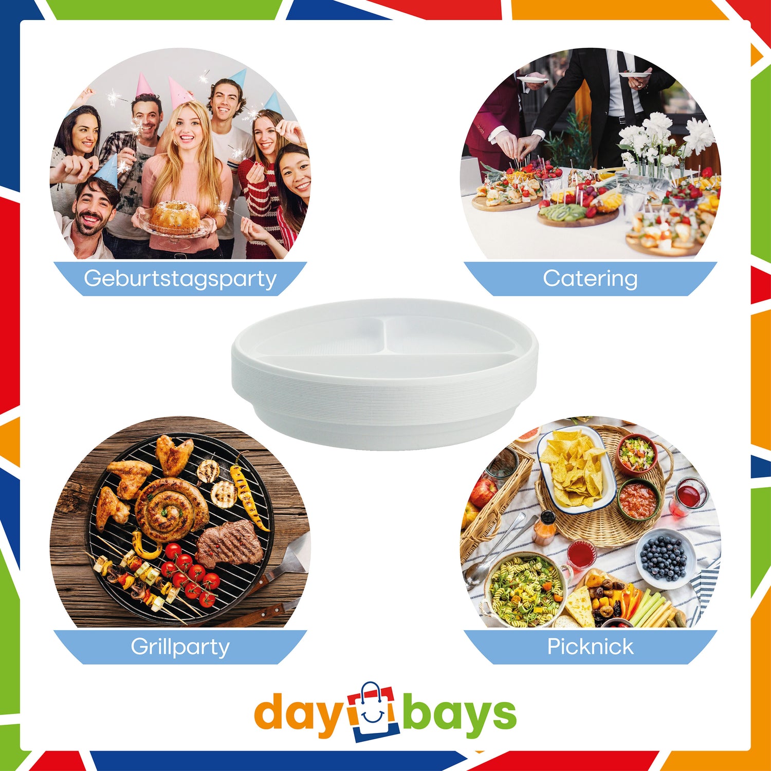 DayBays Plastikteller 3-geteilt Menüteller Ø22 cm PP weiß Rund Spülmaschinenbeständig
