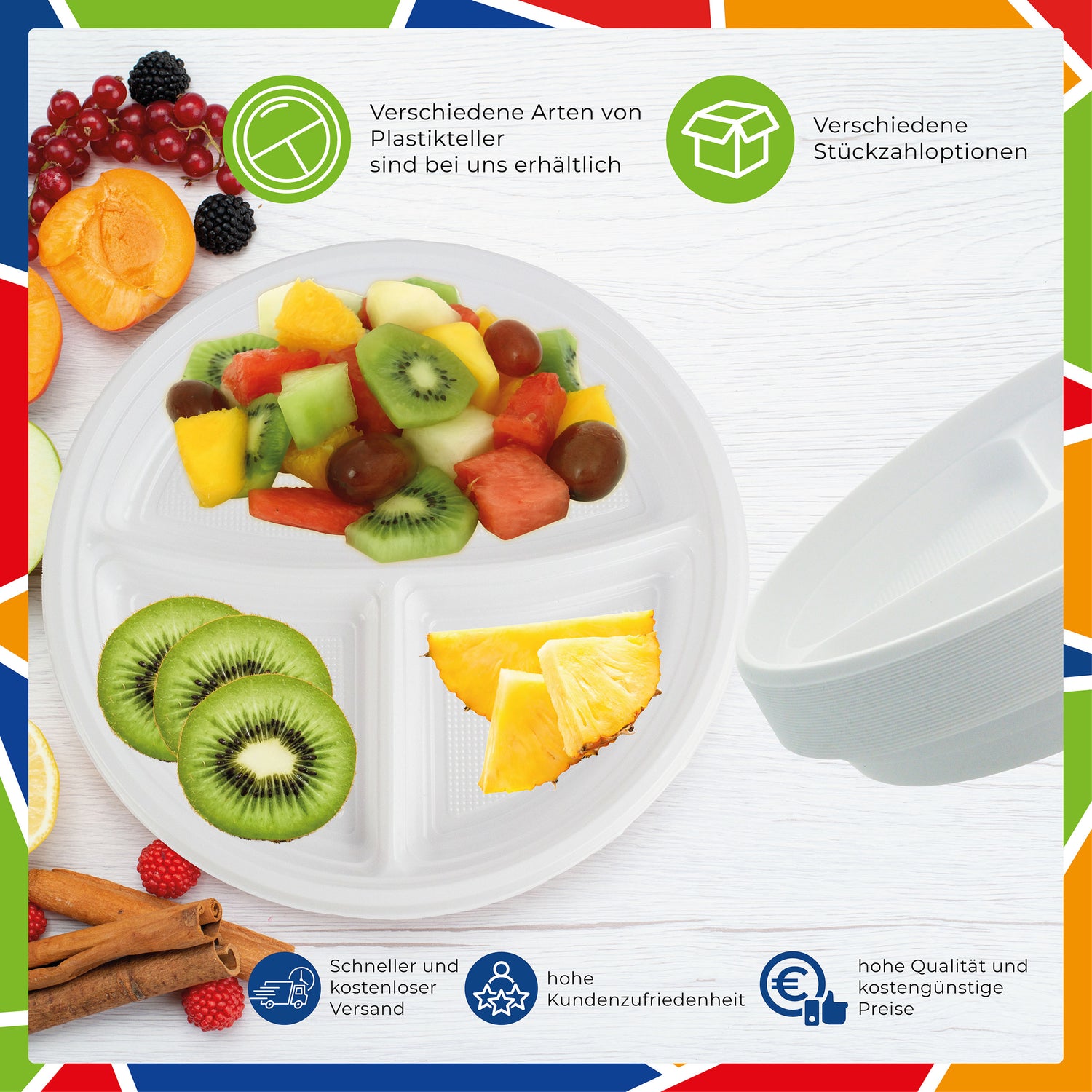 DayBays Plastikteller 3-geteilt Menüteller Ø22 cm PP weiß Rund Spülmaschinenbeständig