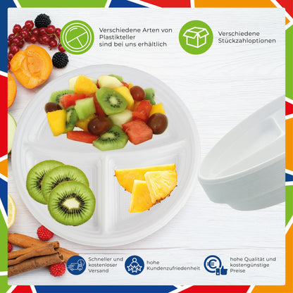 DayBays Plastikteller 3-geteilt Menüteller Ø22 cm PP weiß Rund Spülmaschinenbeständig