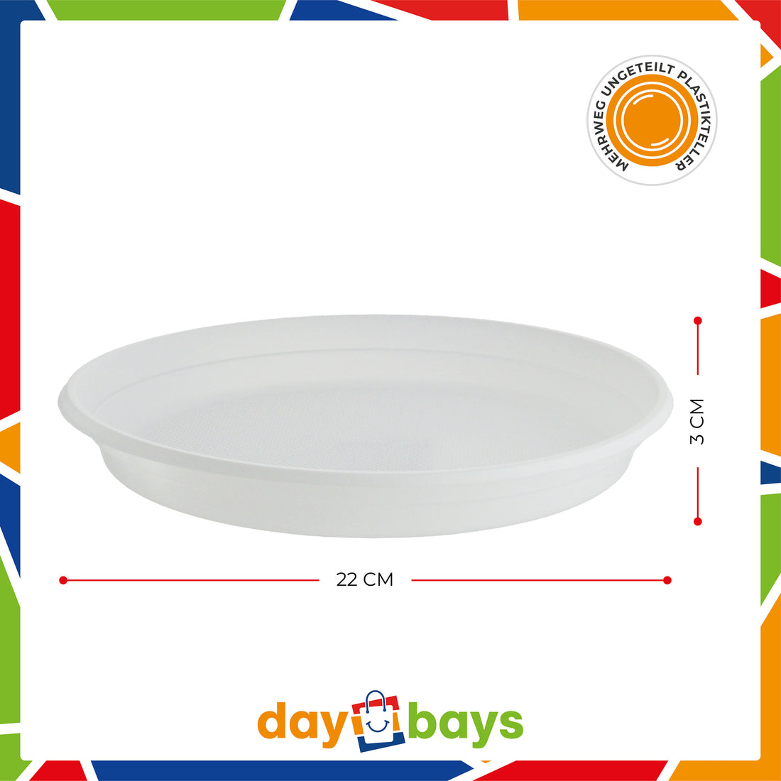 DayBays Plastikteller Ungeteilt Menüteller Ø22 cm PP weiß Rund Spülmaschinenbeständig