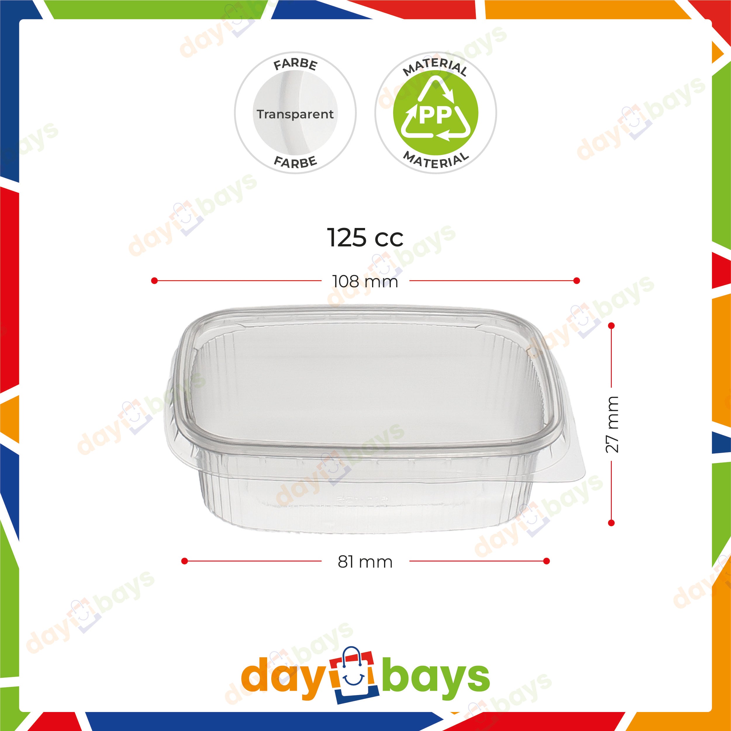 DayBays Feinkostbecher PP 125 cc. 108x81x27 mm eckig Kombi-Verpackung inklusive passende Deckel