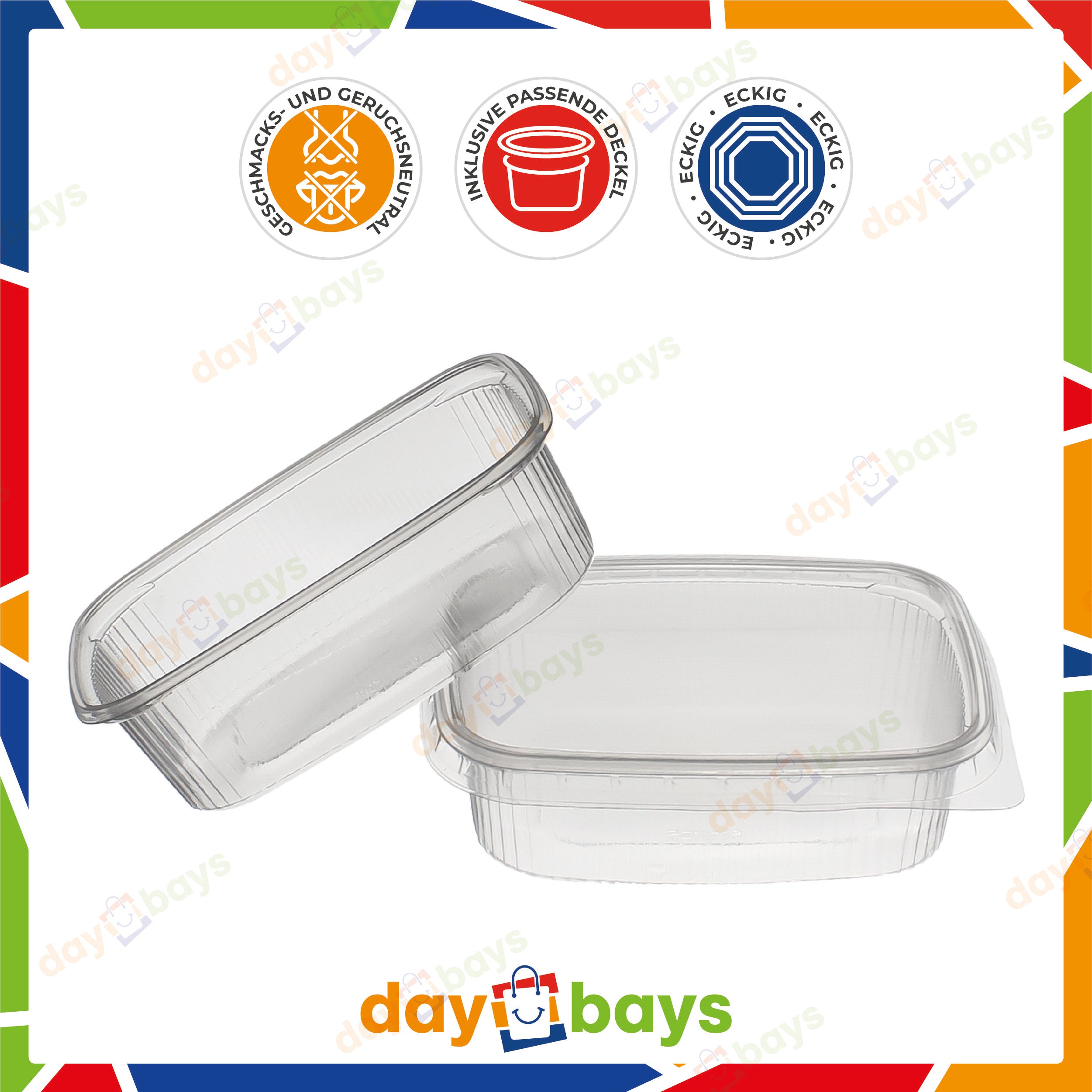 DayBays Feinkostbecher PP 125 cc. 108x81x27 mm eckig Kombi-Verpackung inklusive passende Deckel