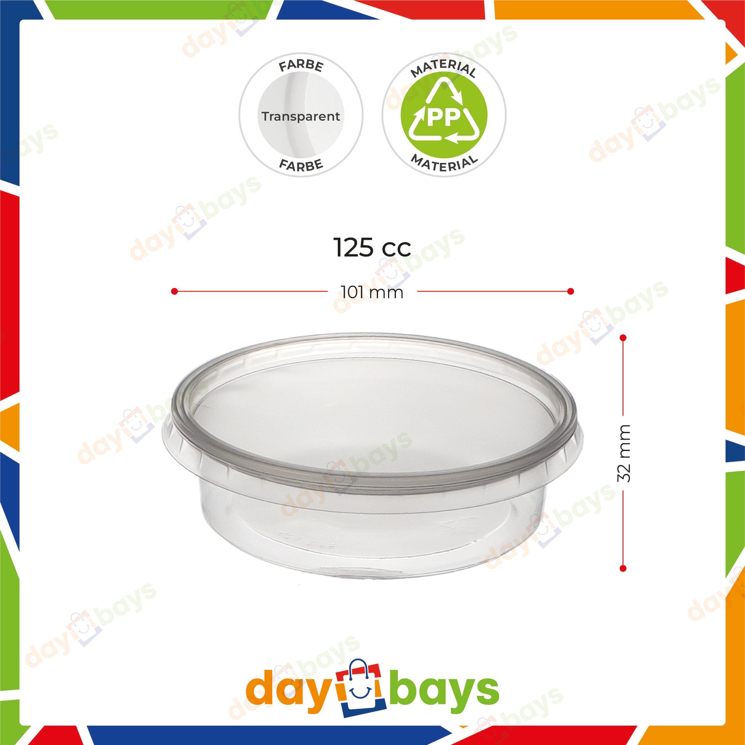 DayBays Feinkostbecher PP 125 cc. 101x32 mm rund Kombi-Verpackung inklusive passende Deckel