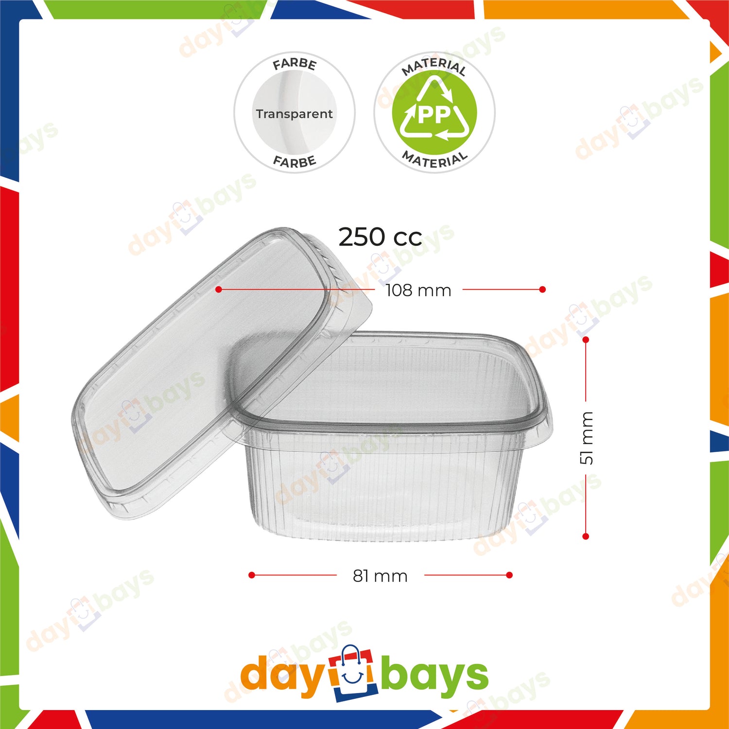 DayBays Feinkostbecher PP 250 cc. 108x81x51 mm eckig Kombi-Verpackung inklusive passende Deckel