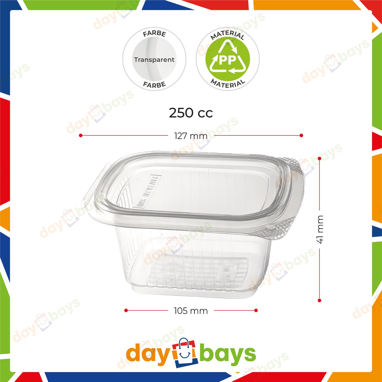 DayBays Feinkostbecher PP 250 cc. 127x105x41 mm Rechteckig mit anhängendem Deckel