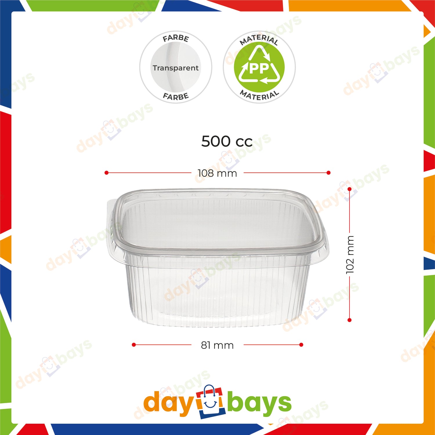 DayBays Feinkostbecher PP 500 cc. 108x81x102 mm eckig Kombi-Verpackung inklusive passende Deckel