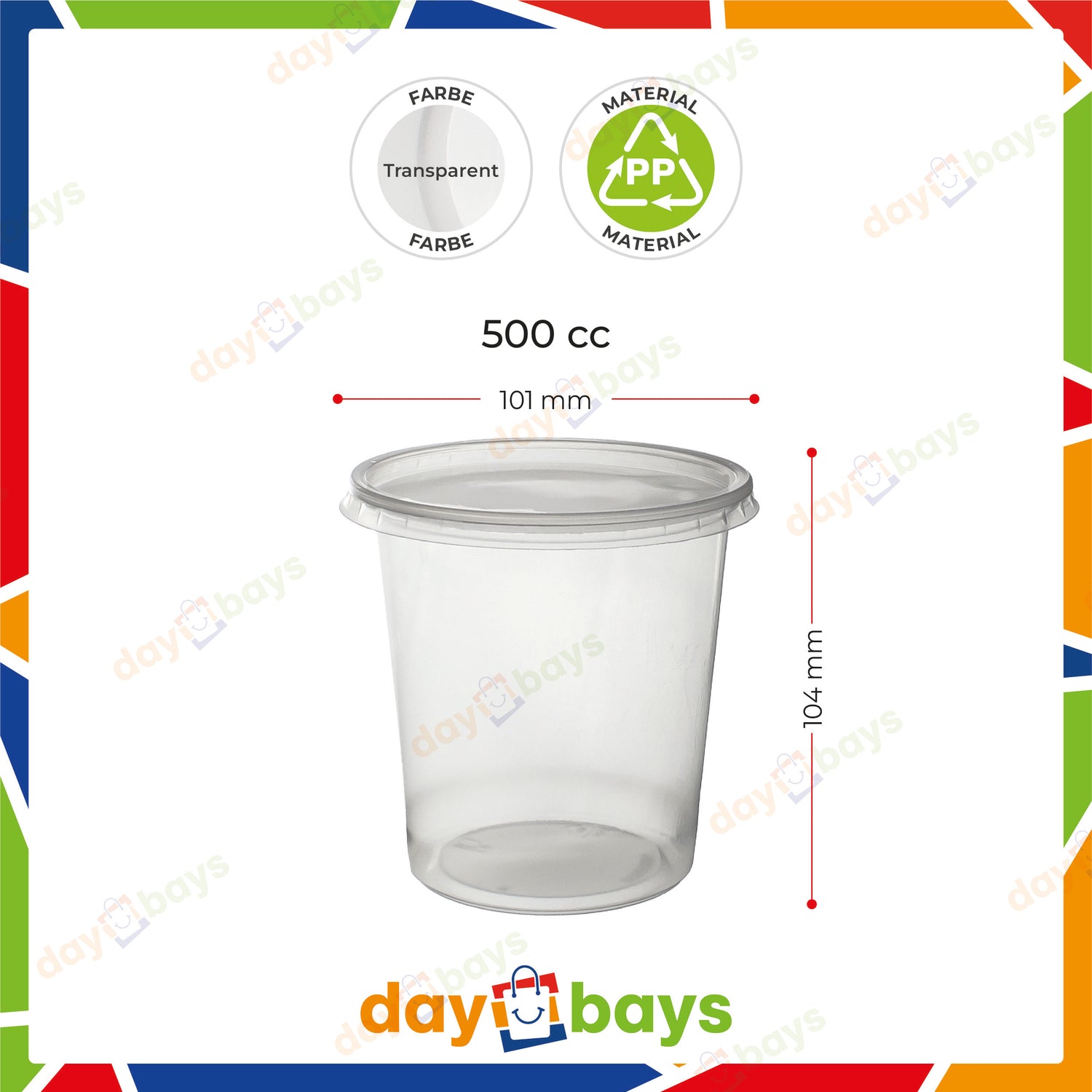 DayBays Feinkostbecher PP 500 cc. 101x104 mm rund Kombi-Verpackung inklusive passende Deckel