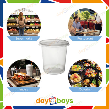 DayBays Feinkostbecher PP 500 cc. 101x104 mm rund Kombi-Verpackung inklusive passende Deckel