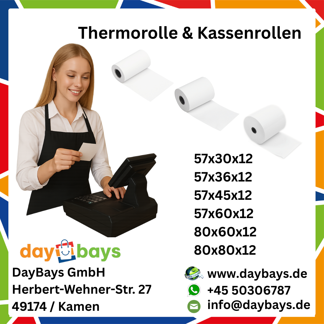 DayBays Thermorolle 57x60x12 mm 50 meter pro Rolle Kassenrollen aus Papier