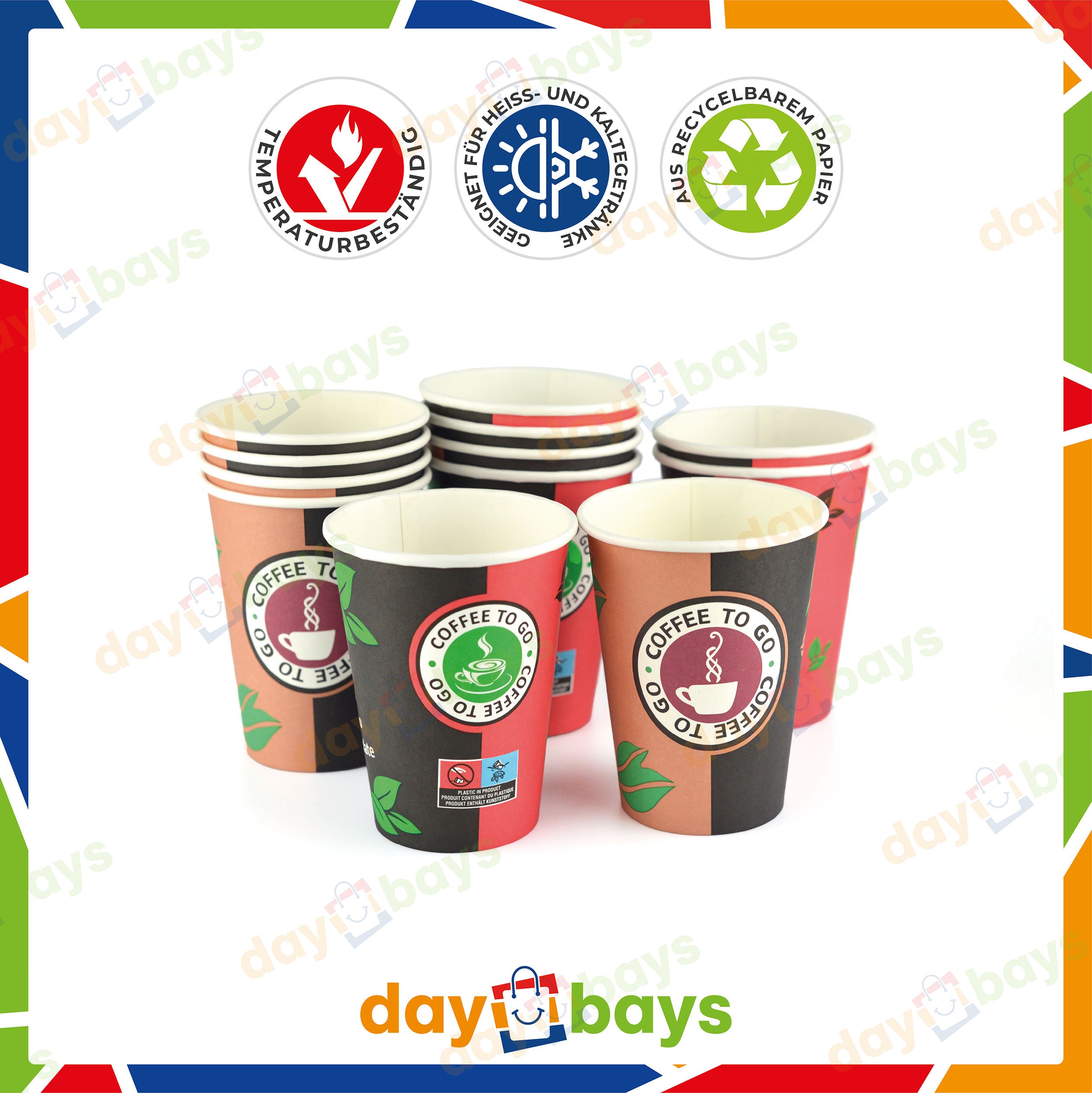 DayBays Kaffeebecher 12oz/300ml Ø9cm " Coffee To Go Becher " Pappe mit PE-beschichtet