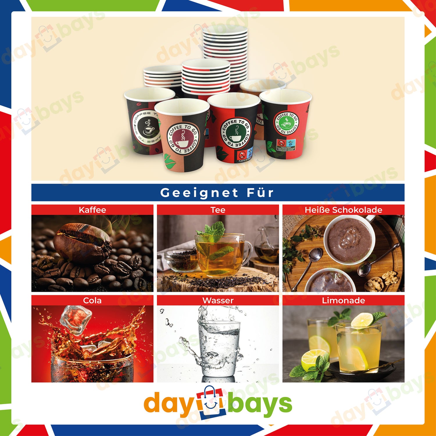 DayBays Kaffeebecher 8oz/200ml Ø8cm " Coffee To Go Becher " Pappe mit PE-beschichtet
