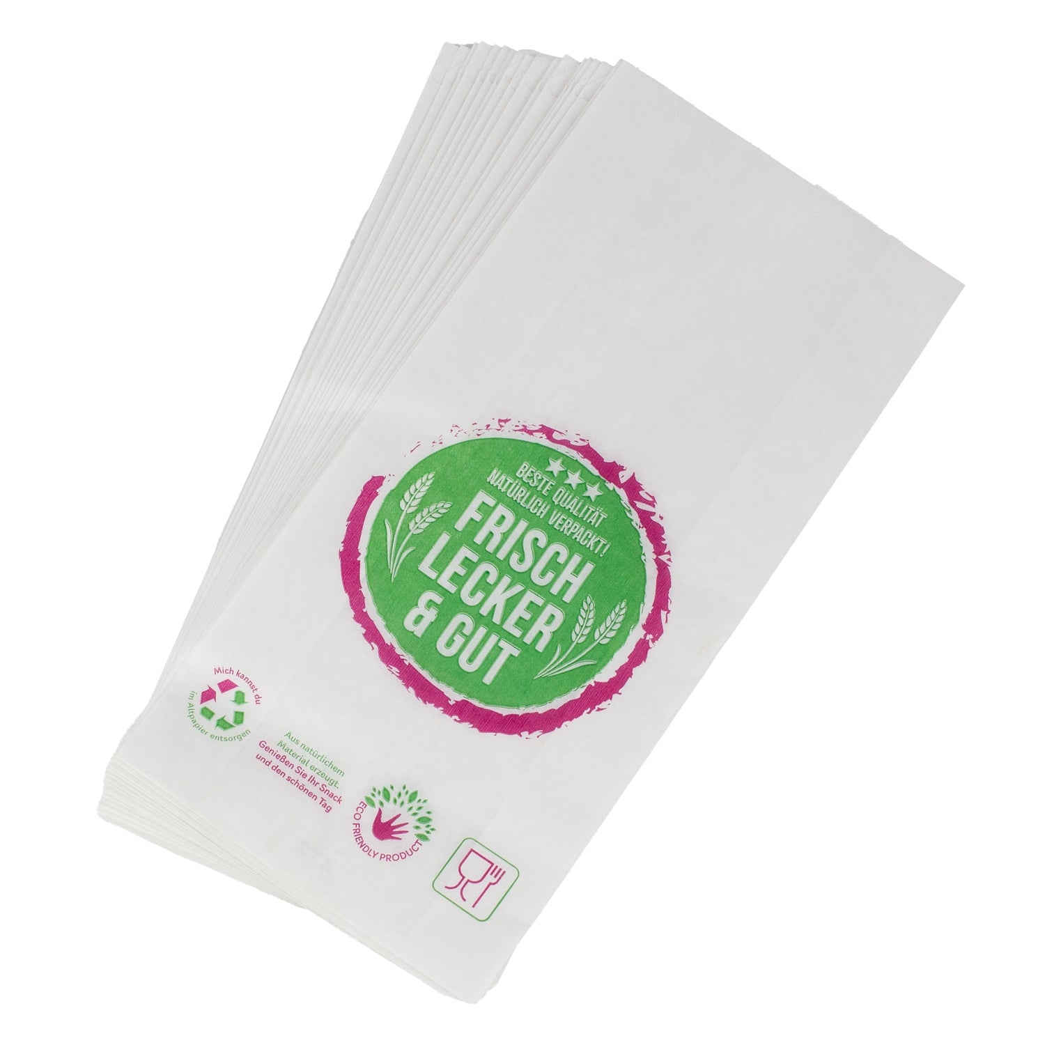 DayBays Bäckerfaltenbeutel 17+4,5x28 cm mit Druck "Bon Appetit" Kraftpapier weiss gefädelt