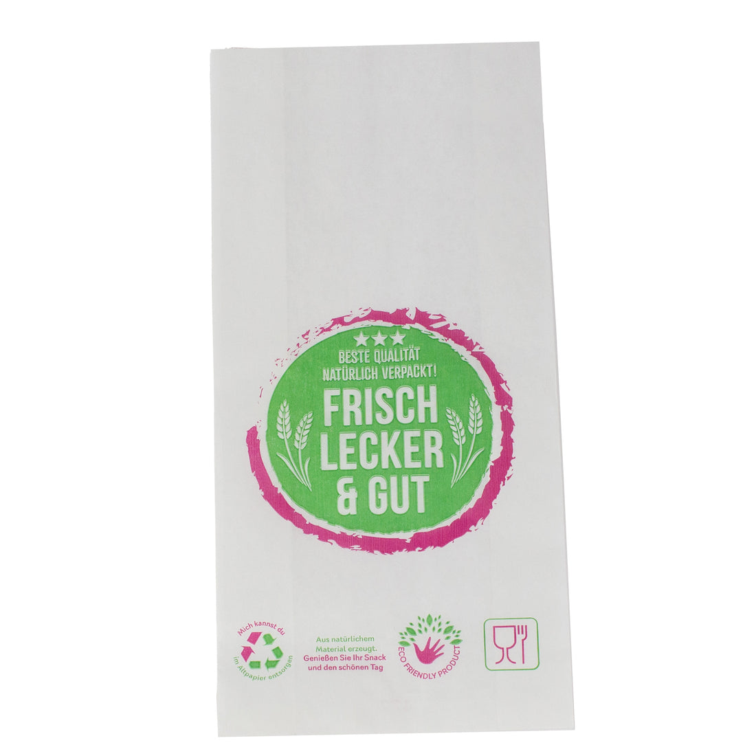 bäckerfaltenbeutel 28+8x35 cm Typ 646 mit neutralem Druck Kraftpapier weiss gefädelt