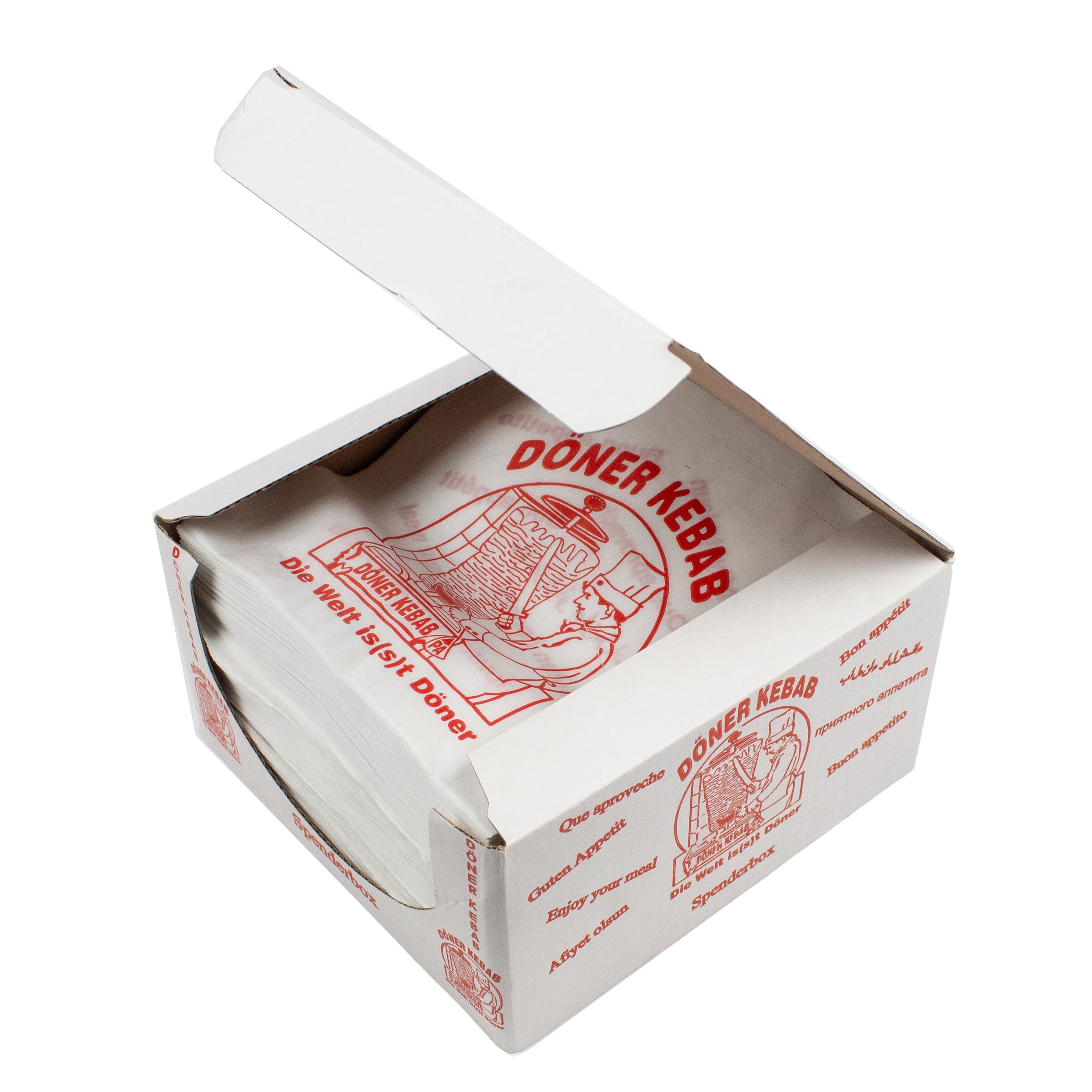 döner bags 16x16 cm weiss mit rotem Druck "DÖNER KEBAB" 5 kg/Pack = 4xSpender-Box