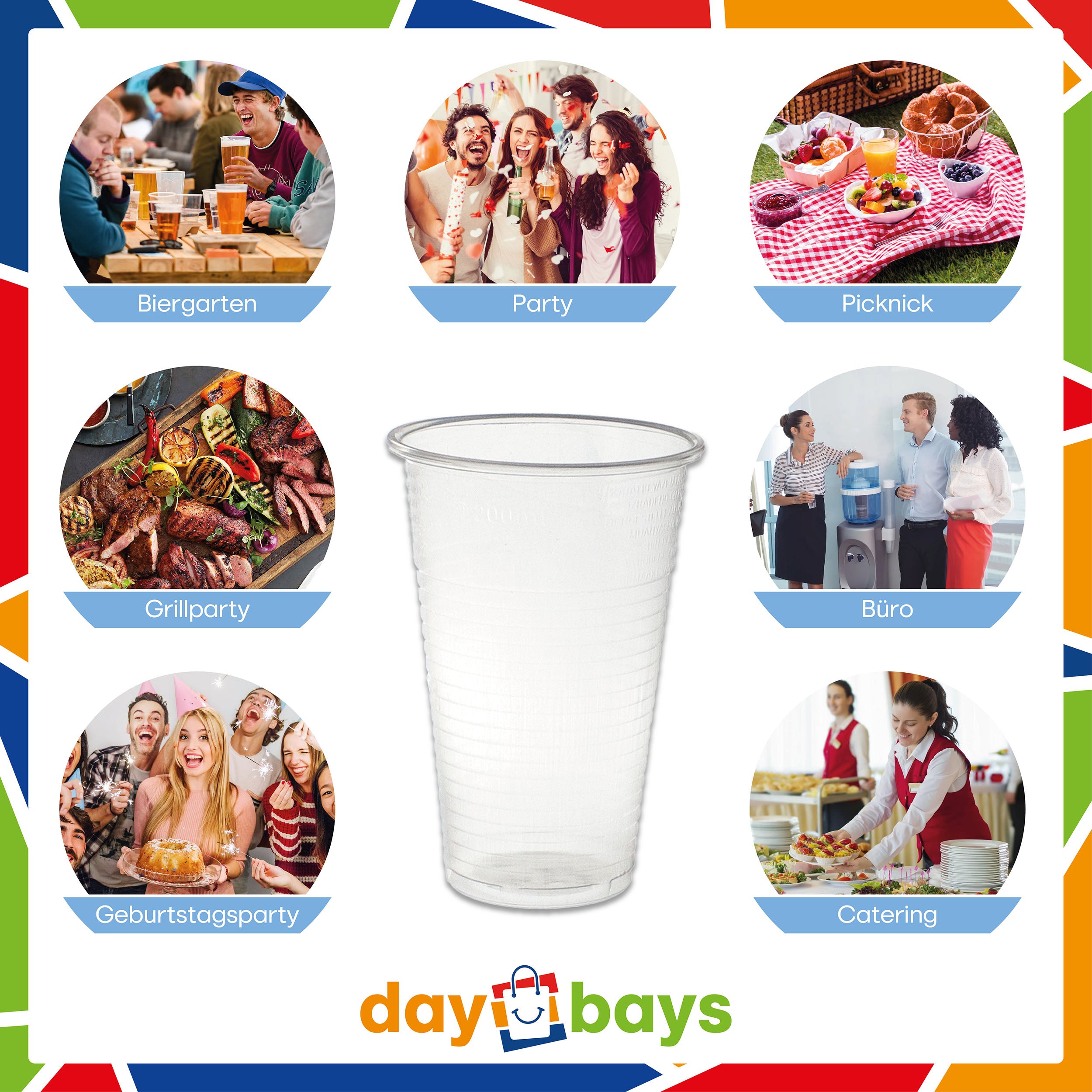 DayBays Trinkbecher 400ml Ø9cm Plastikbecher mit Eichstrich bei 0,4L transparent PP