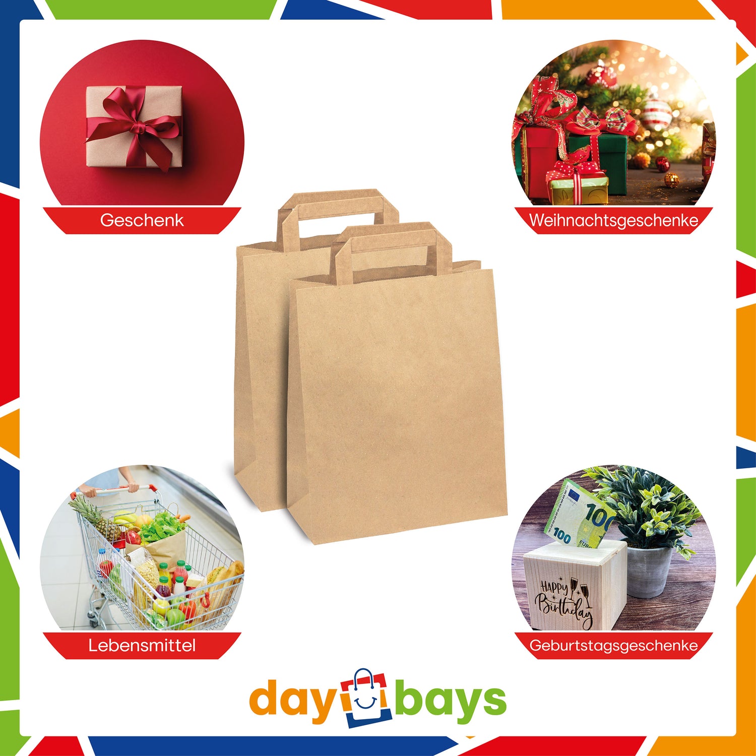 DayBays Papiertüten 18+8x22 cm Braun mit Flachhenkel